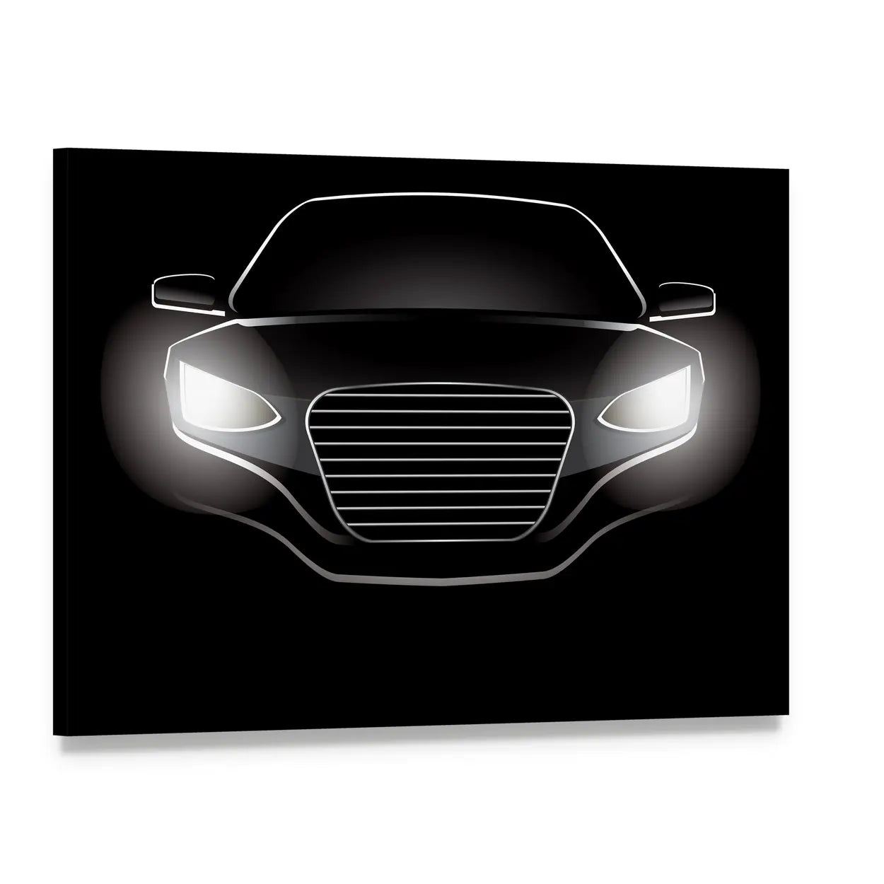 Black Car Silhouette with Glowing Headlights Canvas Wall Art, single panel gallery wrapped canvas, angled product view