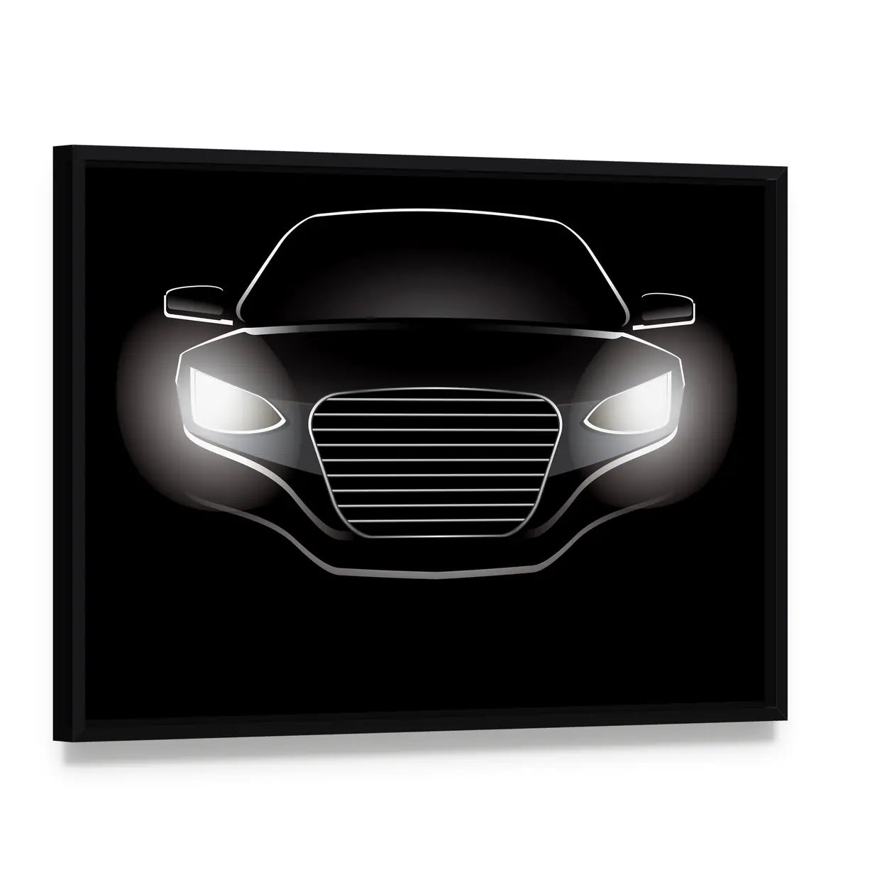 Black Car Silhouette with Glowing Headlights Canvas Wall Art, framed canvas in a black floater frame, angled product view
