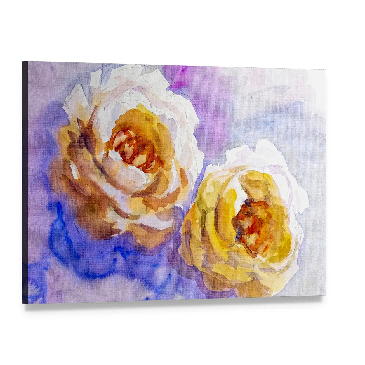 Two Yellow Roses Watercolor Painting Canvas Wall Art, single panel gallery wrapped canvas, angled product view