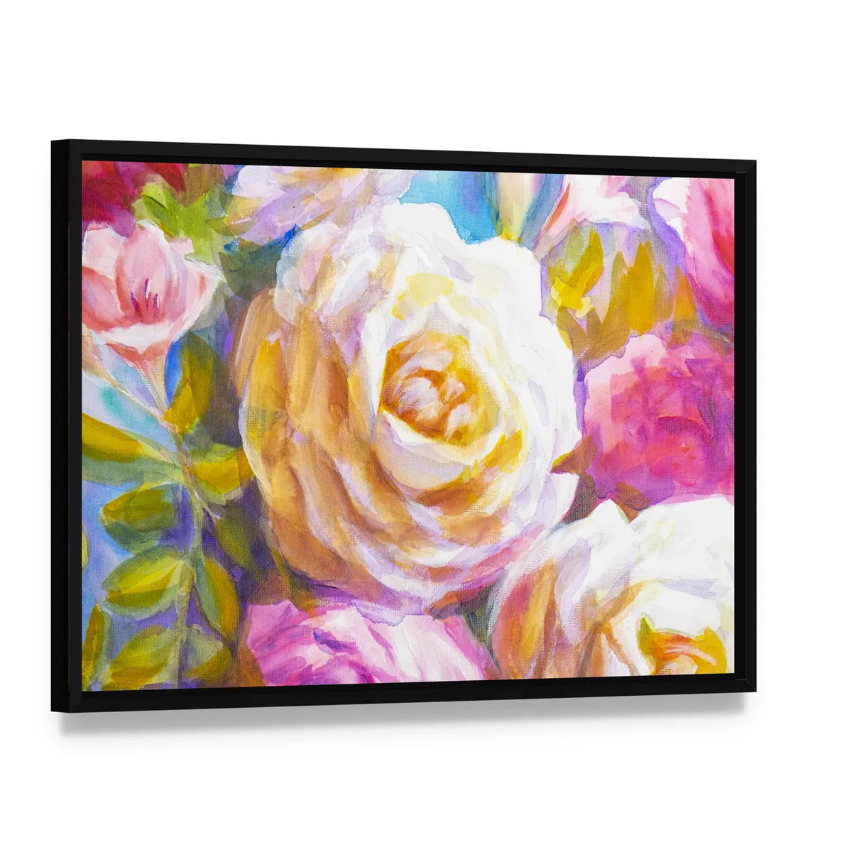 Peonies and Roses Bouquet Sketch Canvas Wall Art, framed canvas in a black floater frame, angled product view