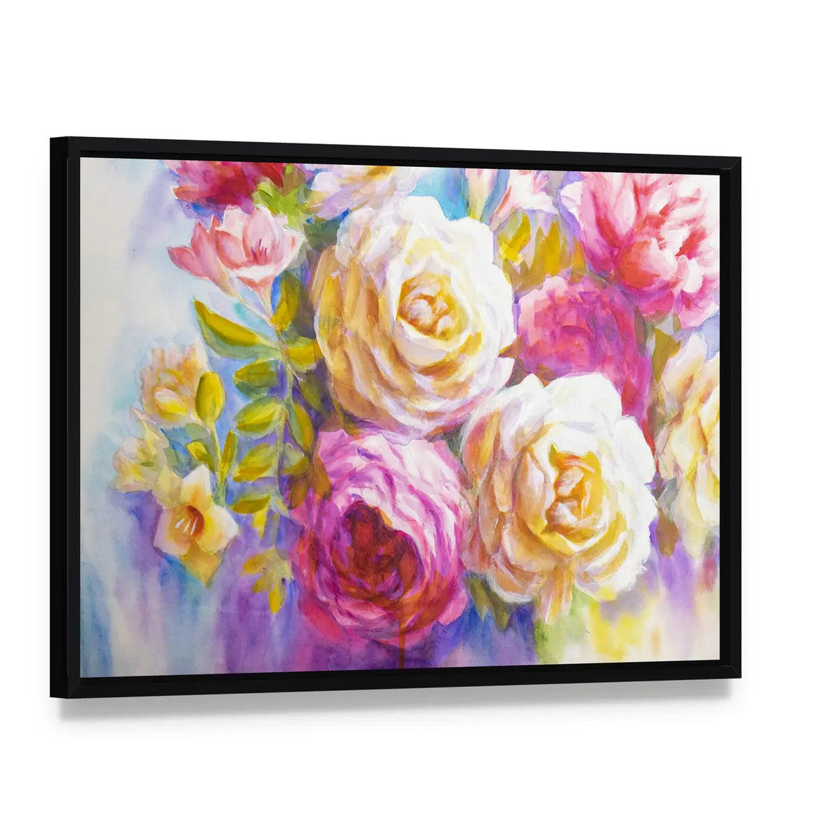 Sketch of Peonies and Roses Bouquet Canvas Wall Art, framed canvas in a black floater frame, angled product view