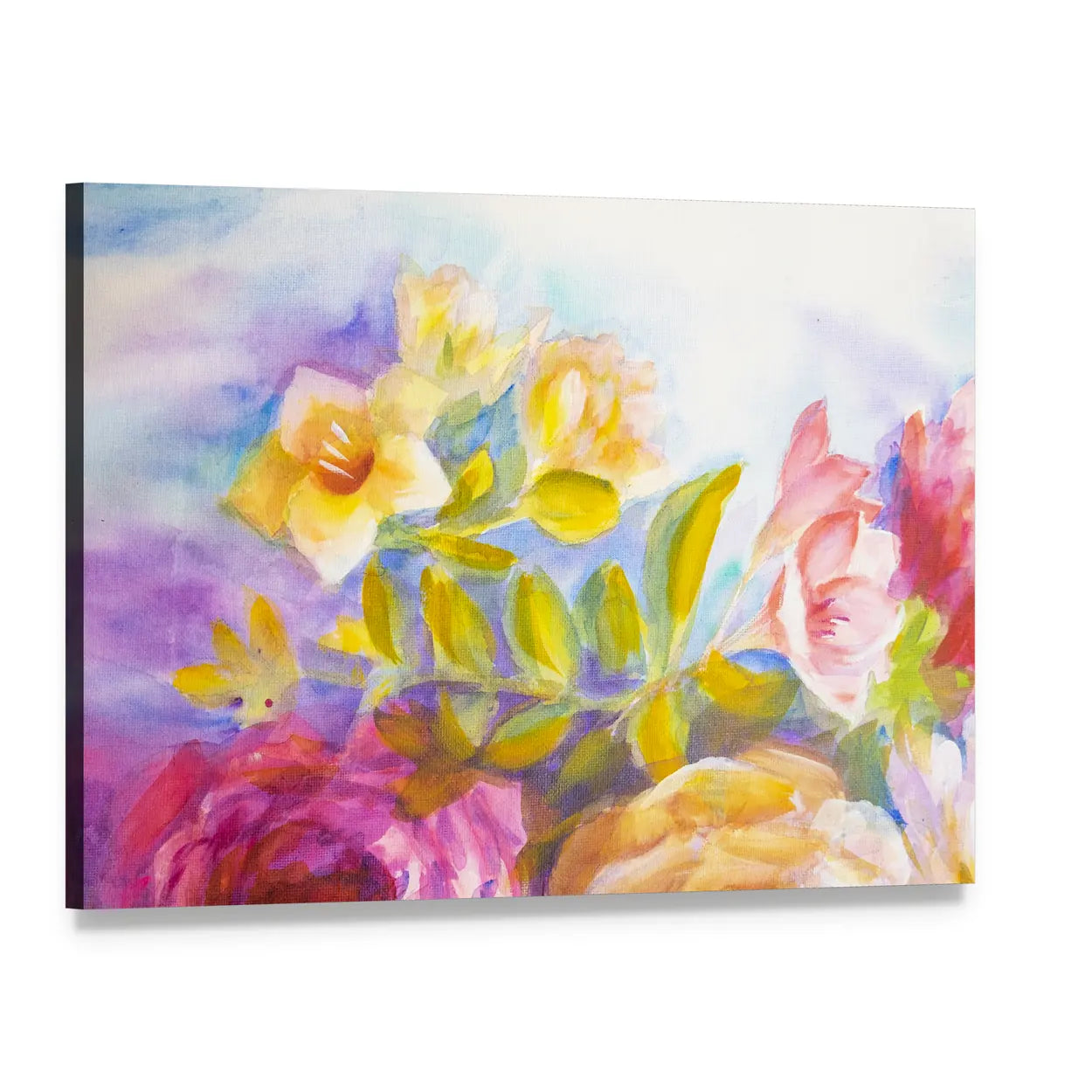 Peonies and Roses Bouquet Canvas Wall Art, single panel gallery wrapped canvas, angled product view