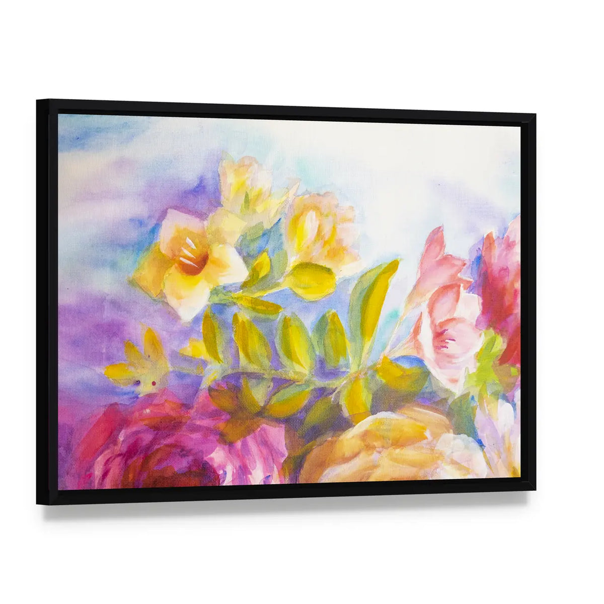 Peonies and Roses Bouquet Canvas Wall Art, framed canvas in a black floater frame, angled product view