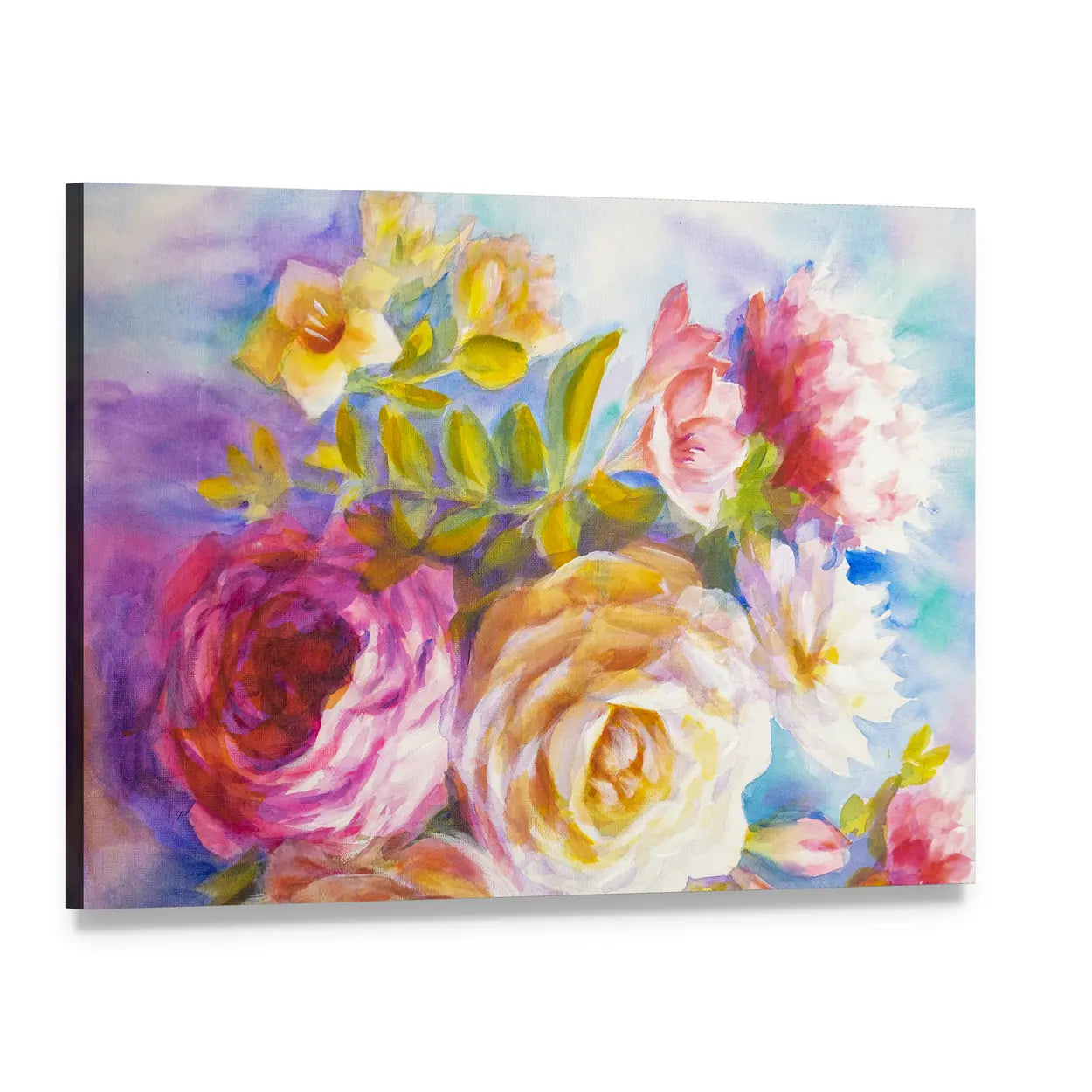 Roses and Peonies Bouquet Canvas Wall Art, single panel gallery wrapped canvas, angled product view
