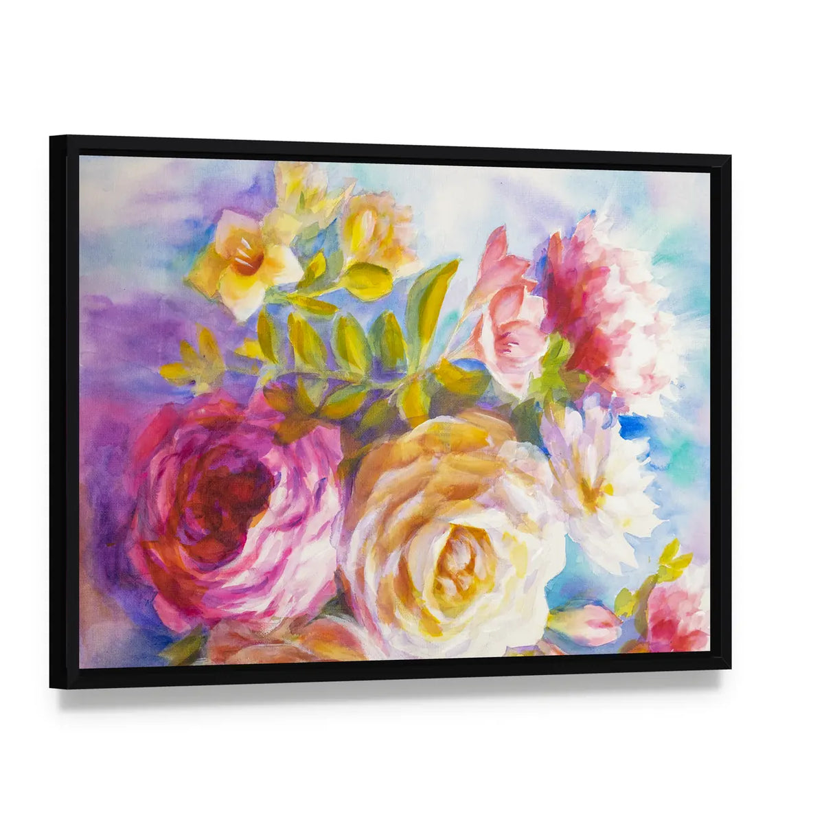 Roses and Peonies Bouquet Canvas Wall Art, framed canvas in a black floater frame, angled product view