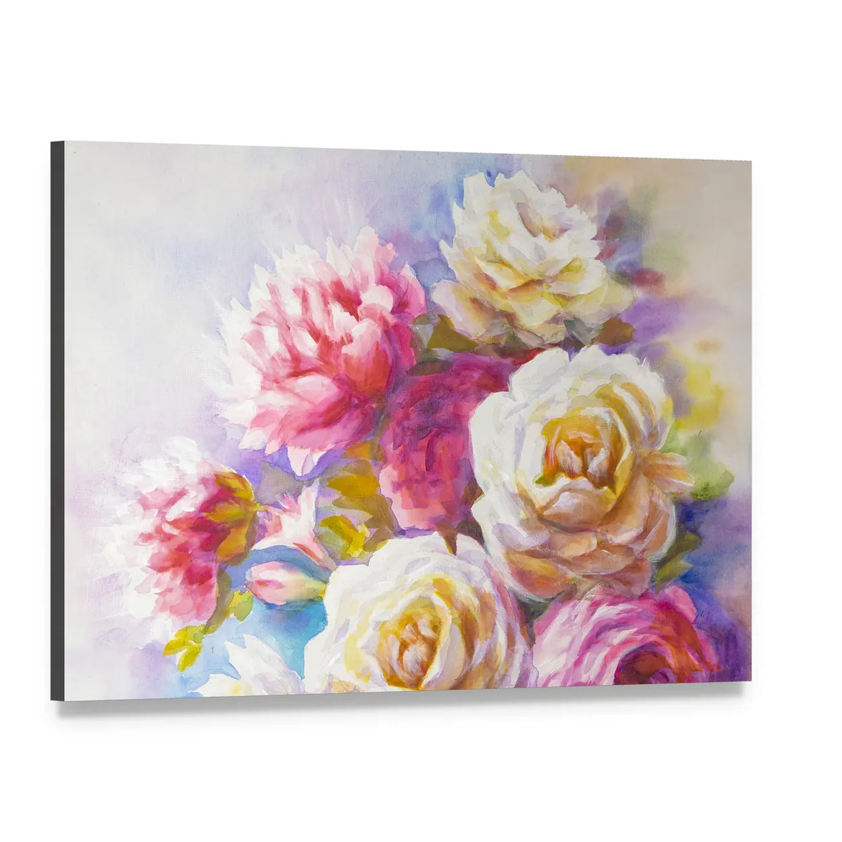 Watercolor Roses and Peonies Canvas Wall Art, single panel gallery wrapped canvas, angled product view