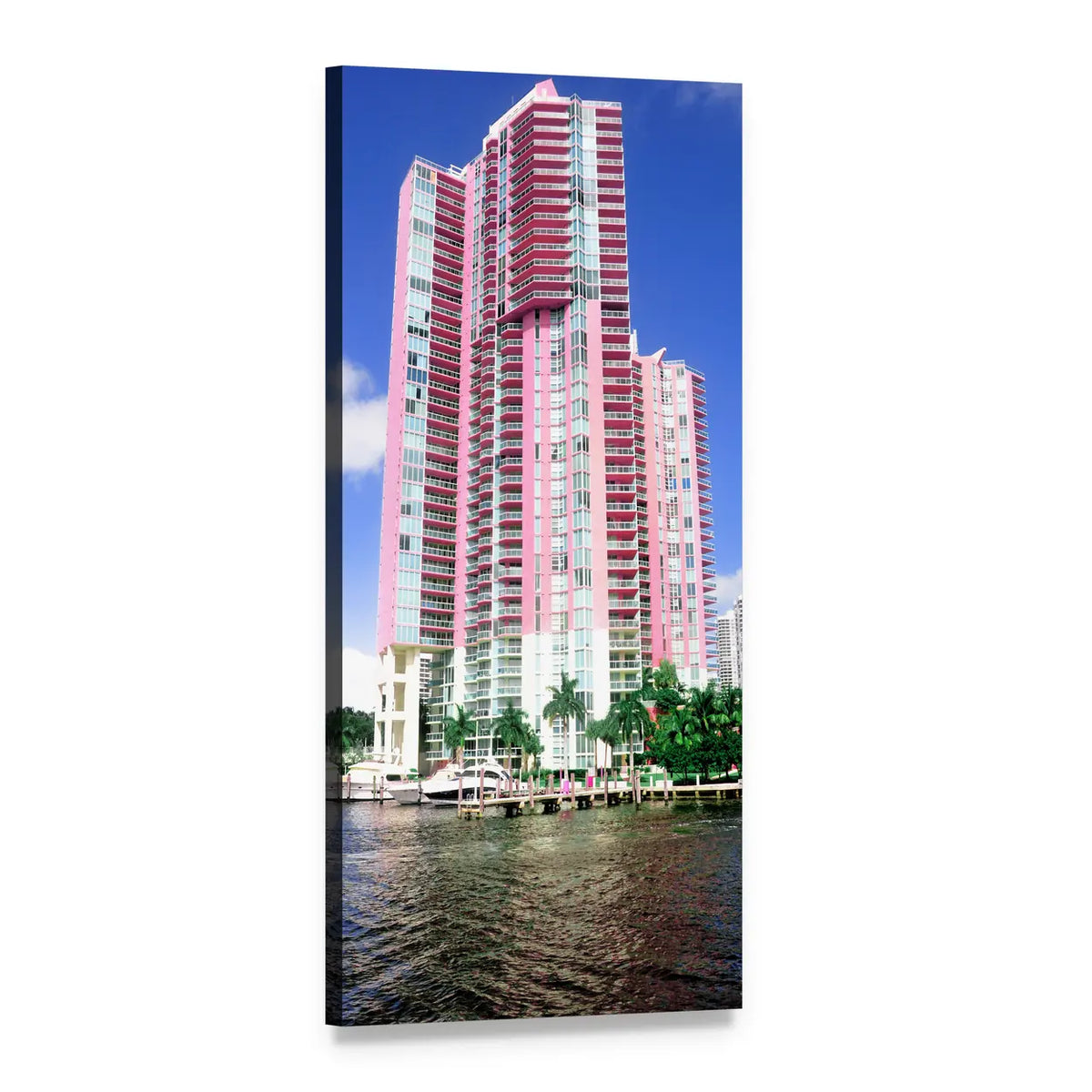 Miami Beach Skyscrapers with Palm Trees Vertical Canvas Wall Art, 1 panel 1 Vertical layout gallery wrapped canvas set, angled product view