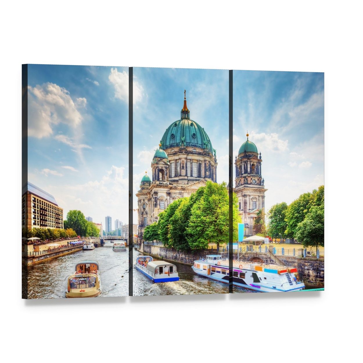 Berlin Cathedral on the Spree River Canvas Wall Art, 3 panel 3 Horizontal layout gallery wrapped canvas set, angled product view