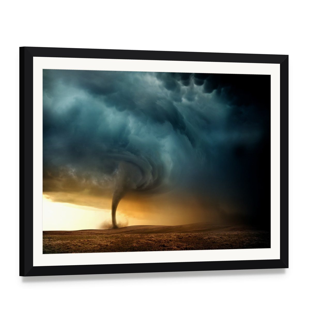 Tornado Forming a Supercell Canvas Wall Art, framed print with white mat and black frame, angled product view