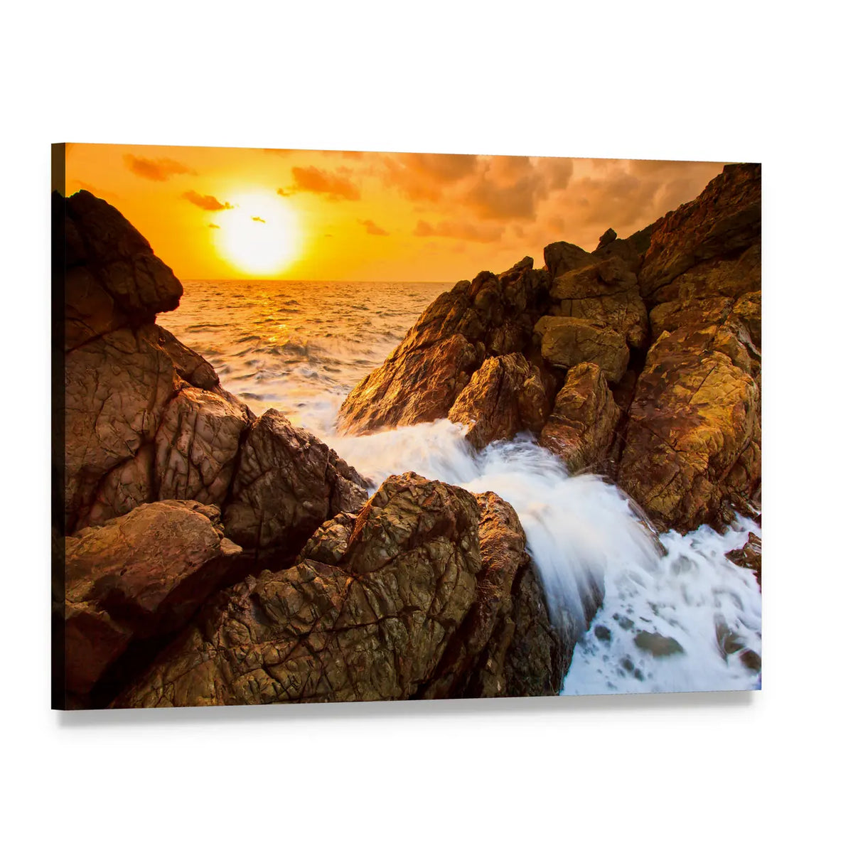 Sunset Waves in Rocky Channel Canvas Wall Art, single panel gallery wrapped canvas, angled product view