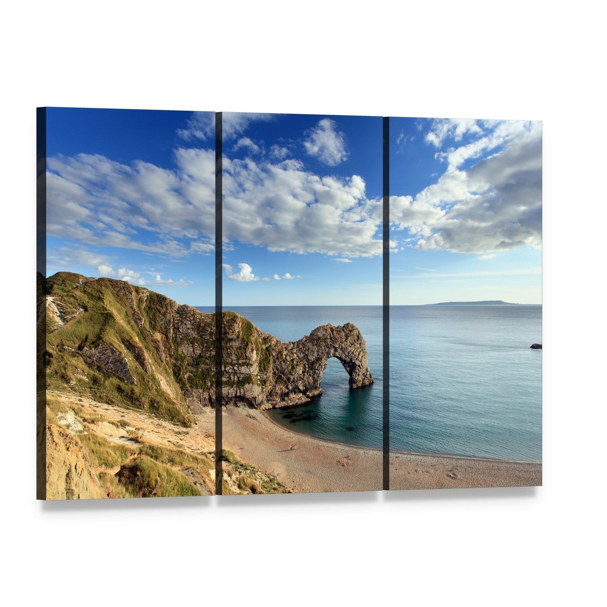 Durdle Door Sea Arch England Canvas Wall Art, 3 panel 3 Horizontal layout gallery wrapped canvas set, angled product view