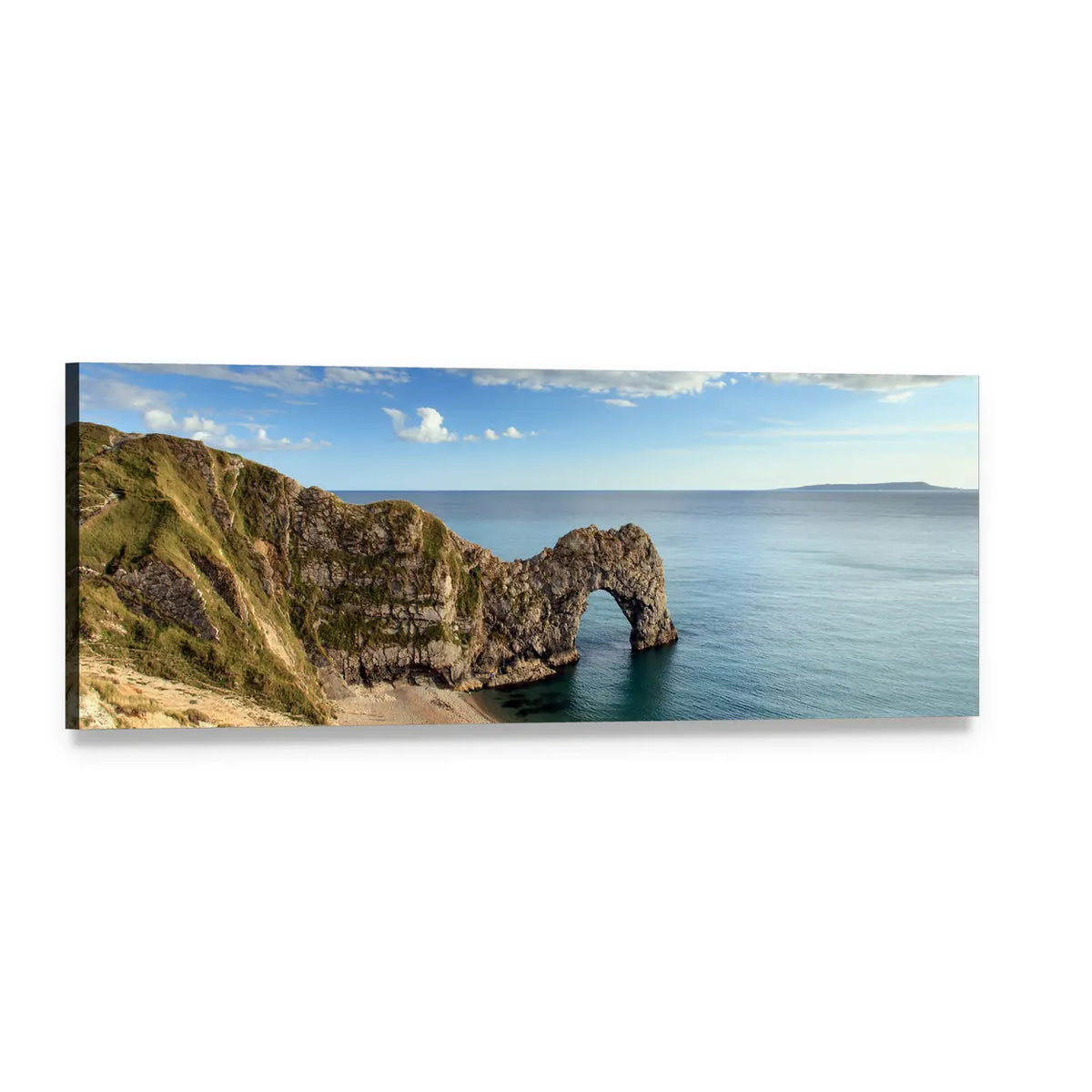 Durdle Door Limestone Arch Panoramic Canvas Wall Art, single panel gallery wrapped canvas, angled product view