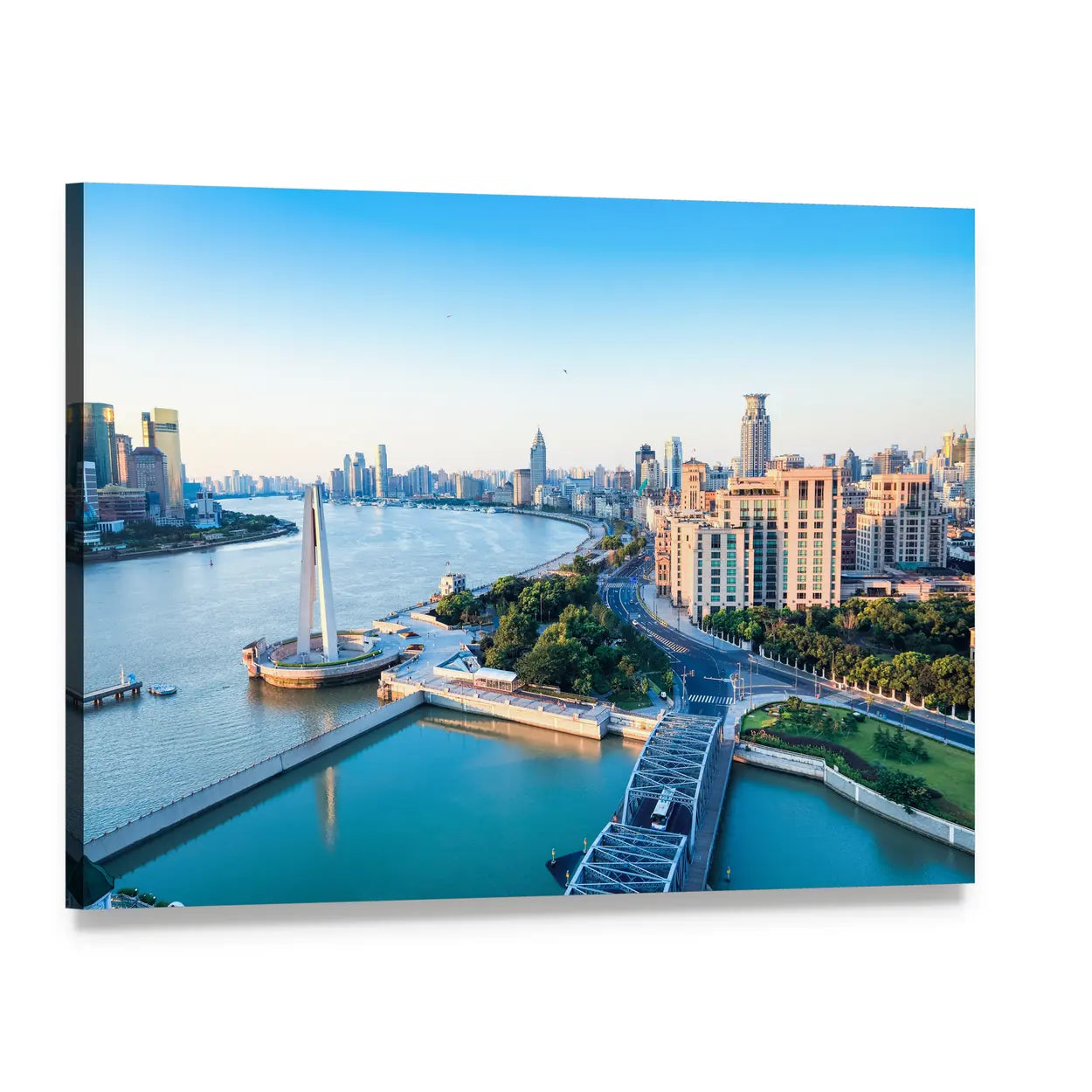 Huangpu River City Skyline Canvas Wall Art, single panel gallery wrapped canvas, angled product view