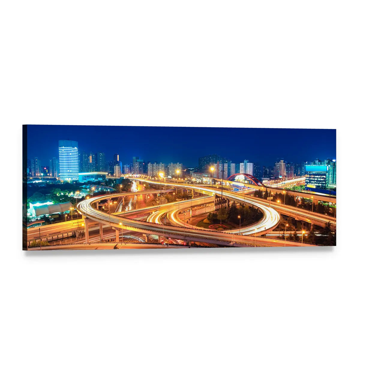 Modern Highway Interchange at Night Panoramic Canvas Wall Art, single panel gallery wrapped canvas, angled product view