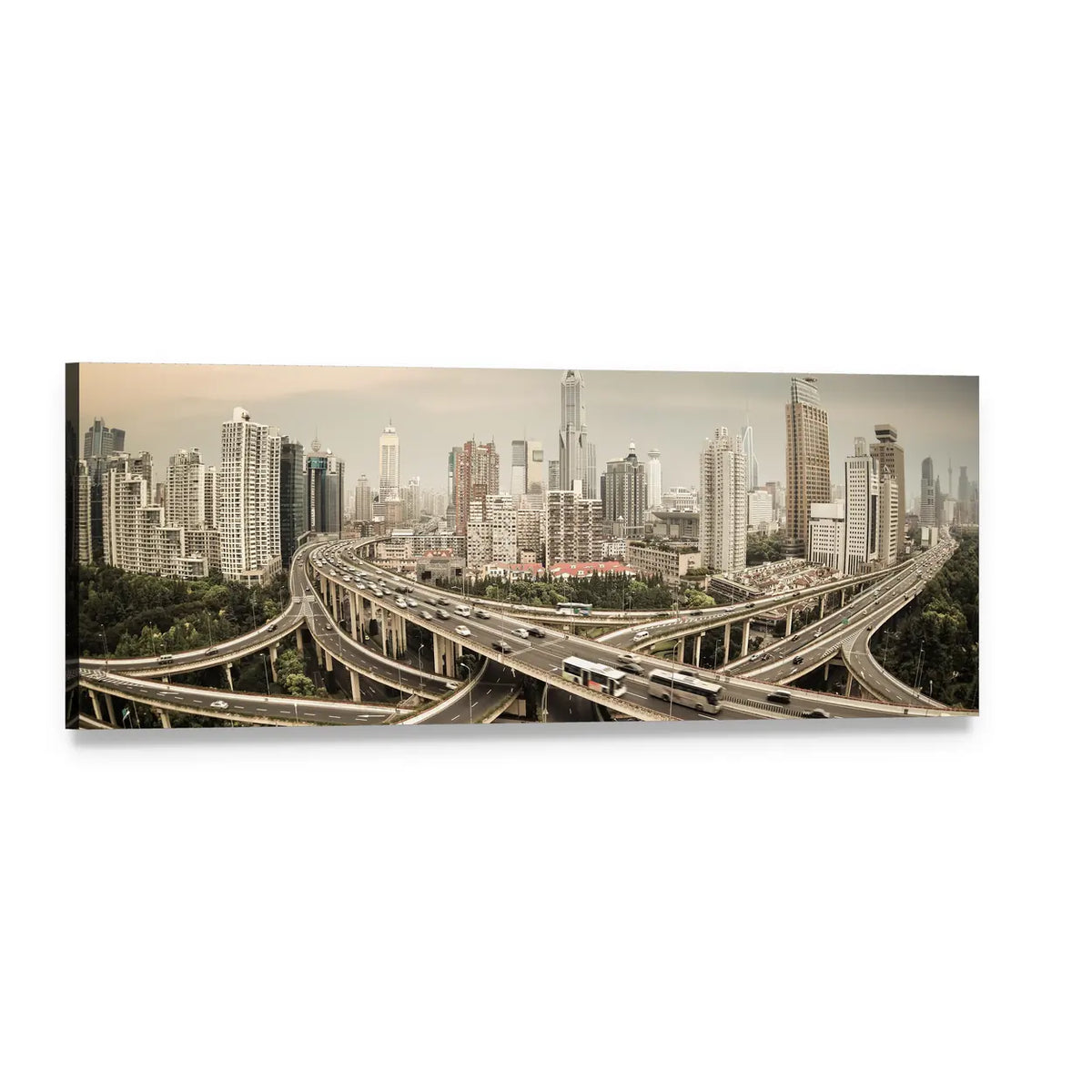 Shanghai Elevated Road Junction Panoramic Canvas Wall Art, single panel gallery wrapped canvas, angled product view