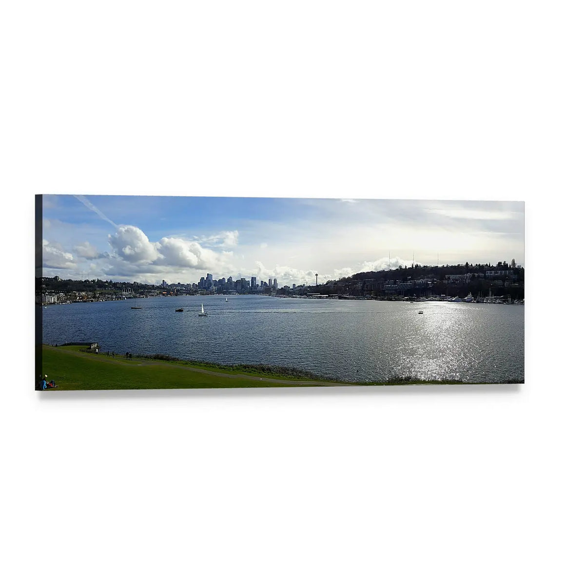 Seattle Lake View with Space Needle Panoramic Canvas Wall Art, single panel gallery wrapped canvas, angled product view