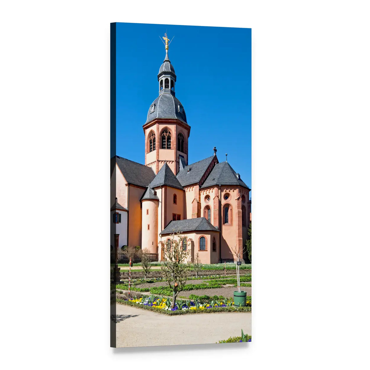 Romanesque Basilica and Garden in Germany Vertical Canvas Wall Art, 1 panel 1 Vertical layout gallery wrapped canvas set, angled product view