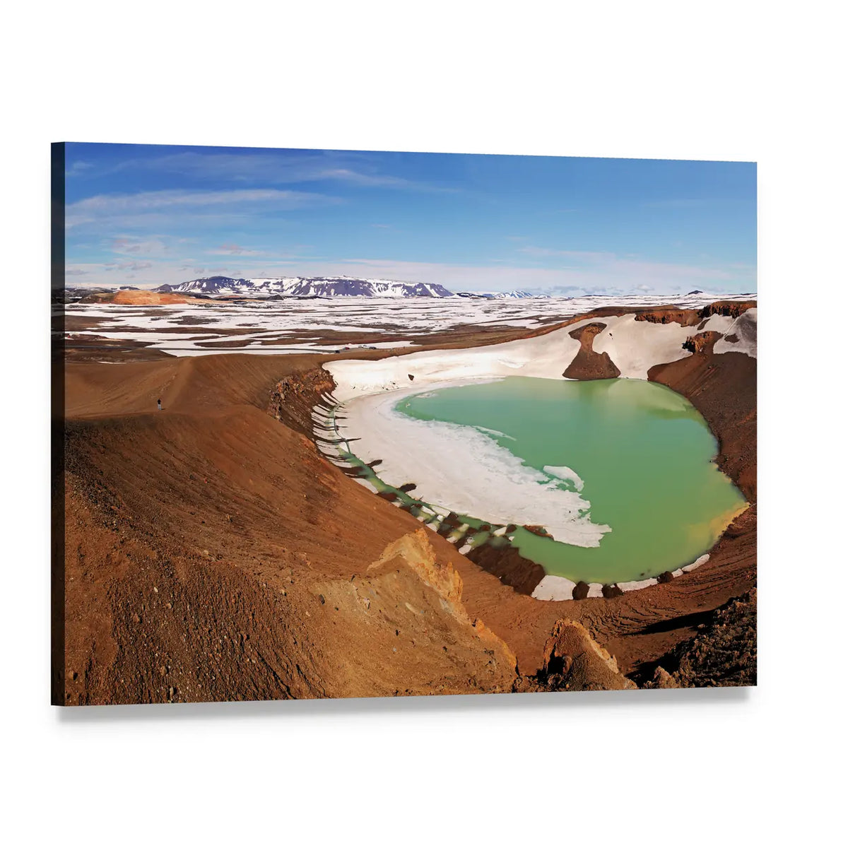 Krafla Crater Lake with Snow-capped Mountains Canvas Wall Art, single panel gallery wrapped canvas, angled product view