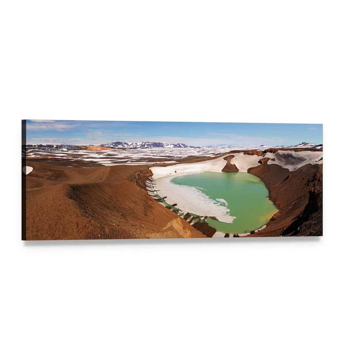 Turquoise Crater Lake in Volcanic Landscape Panoramic Canvas Wall Art, single panel gallery wrapped canvas, angled product view