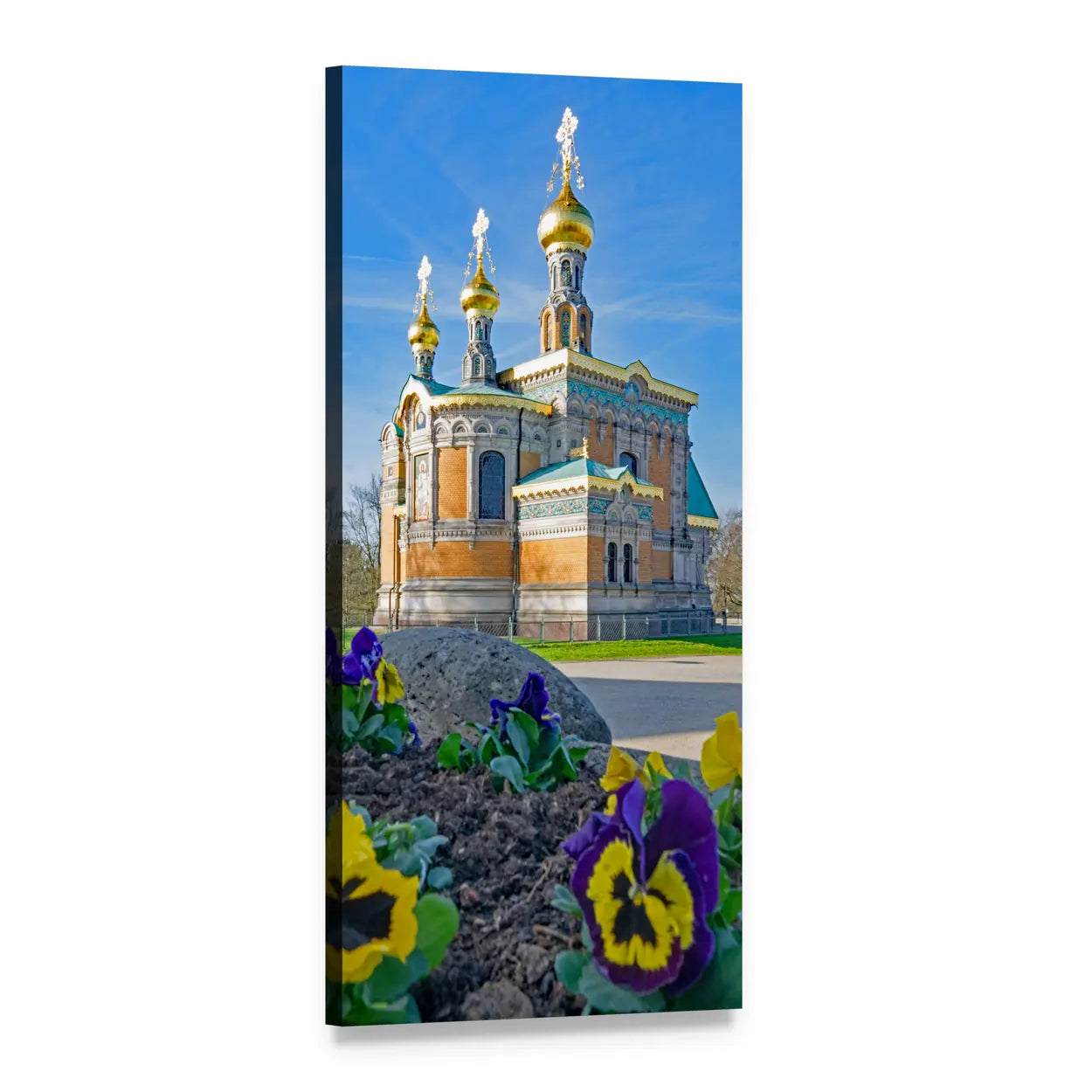 Russian Orthodox Chapel with Golden Domes and Pansies Vertical Canvas Wall Art, 1 panel 1 Vertical layout gallery wrapped canvas set, angled product view