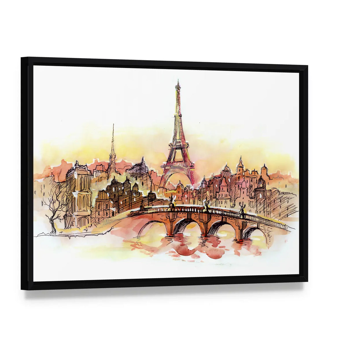 Paris Sunset Skyline with Eiffel Tower Canvas Wall Art, framed canvas in a black floater frame, angled product view