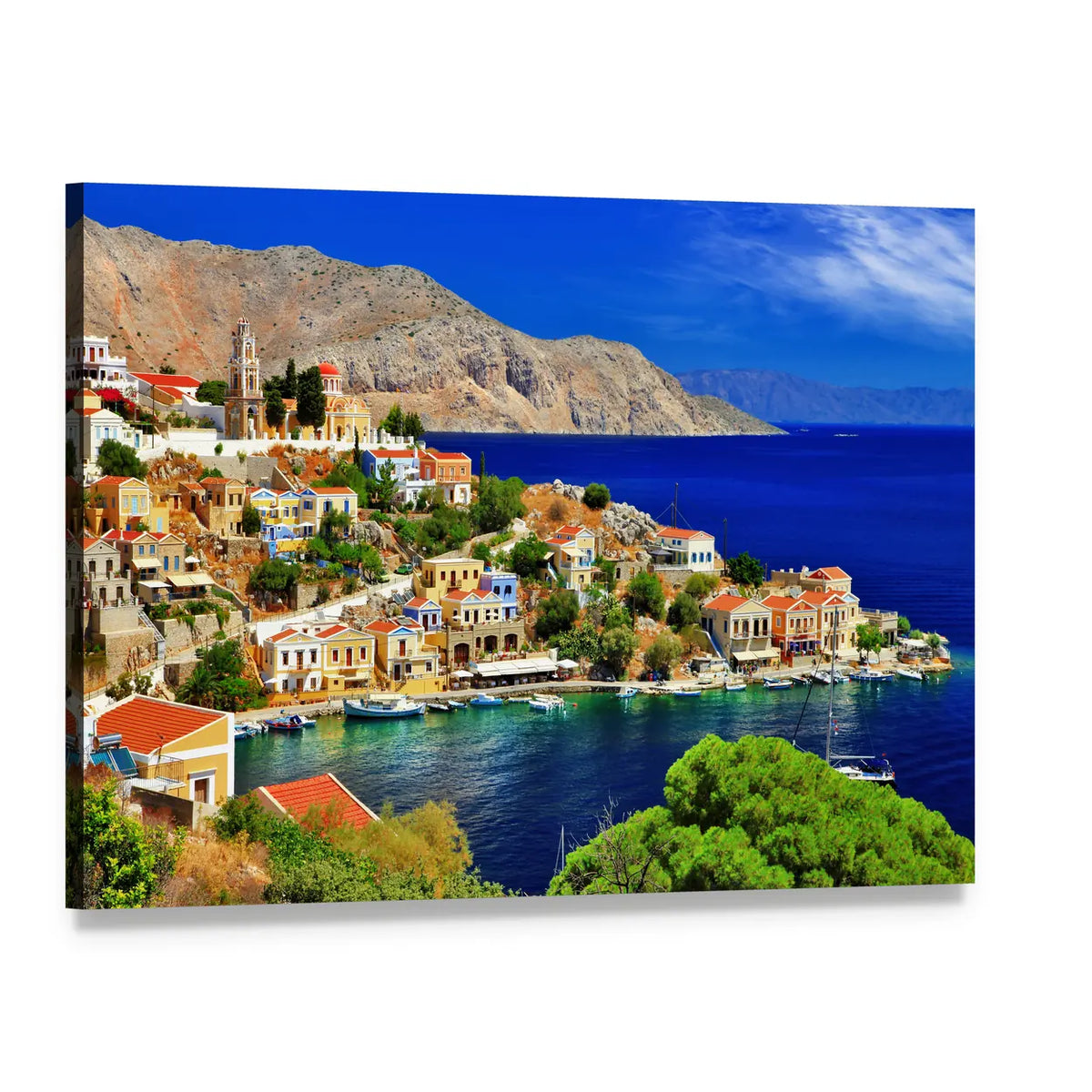Symi Island Harbor, Greece Canvas Wall Art, single panel gallery wrapped canvas, angled product view