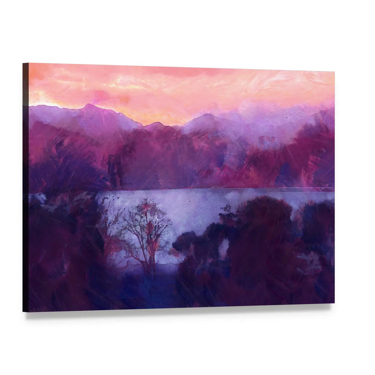 Purple Dusk Over Mountain Lake Canvas Wall Art, single panel gallery wrapped canvas, angled product view