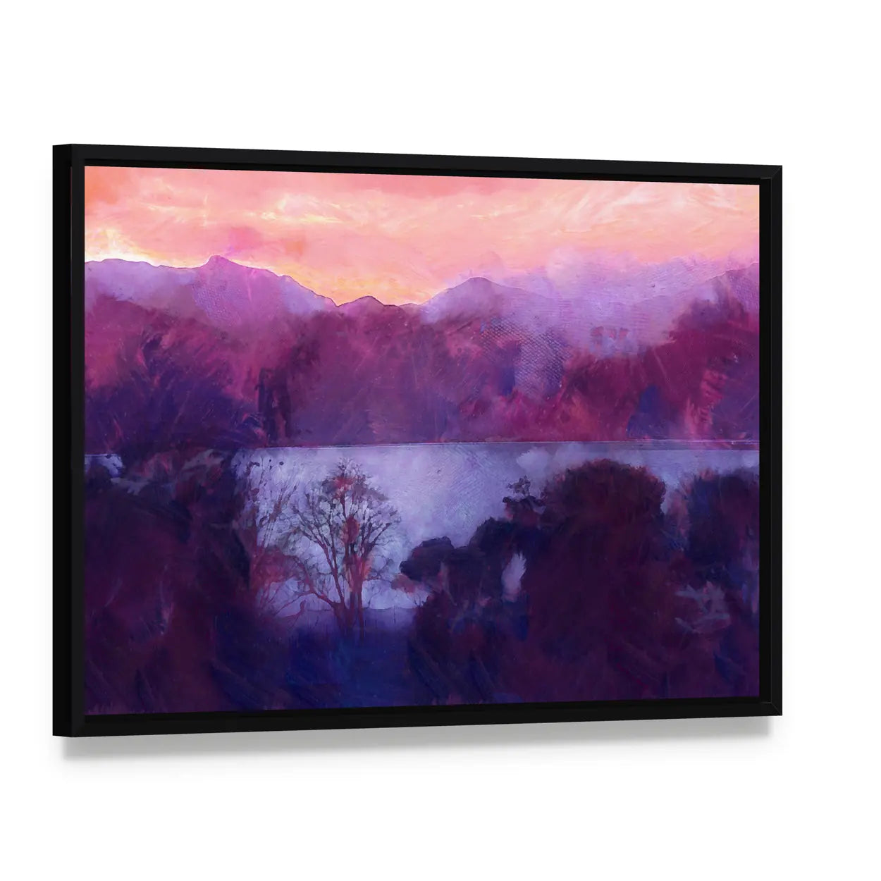 Purple Dusk Over Mountain Lake Canvas Wall Art, framed canvas in a black floater frame, angled product view