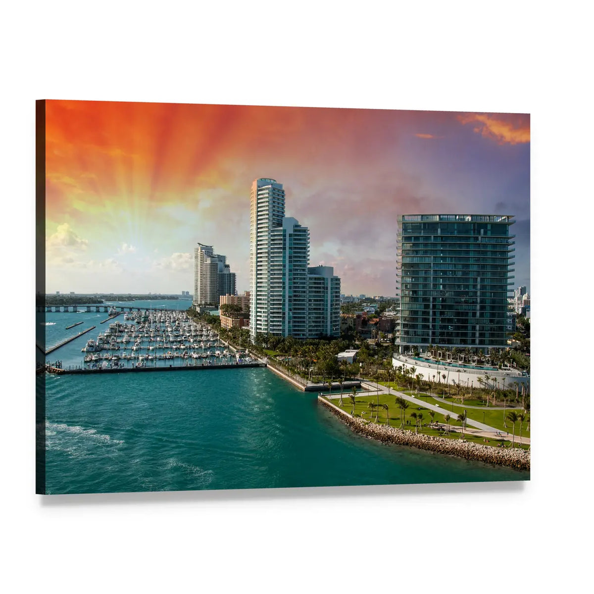 Miami Sunset Skyline and Marina Canvas Wall Art, single panel gallery wrapped canvas, angled product view