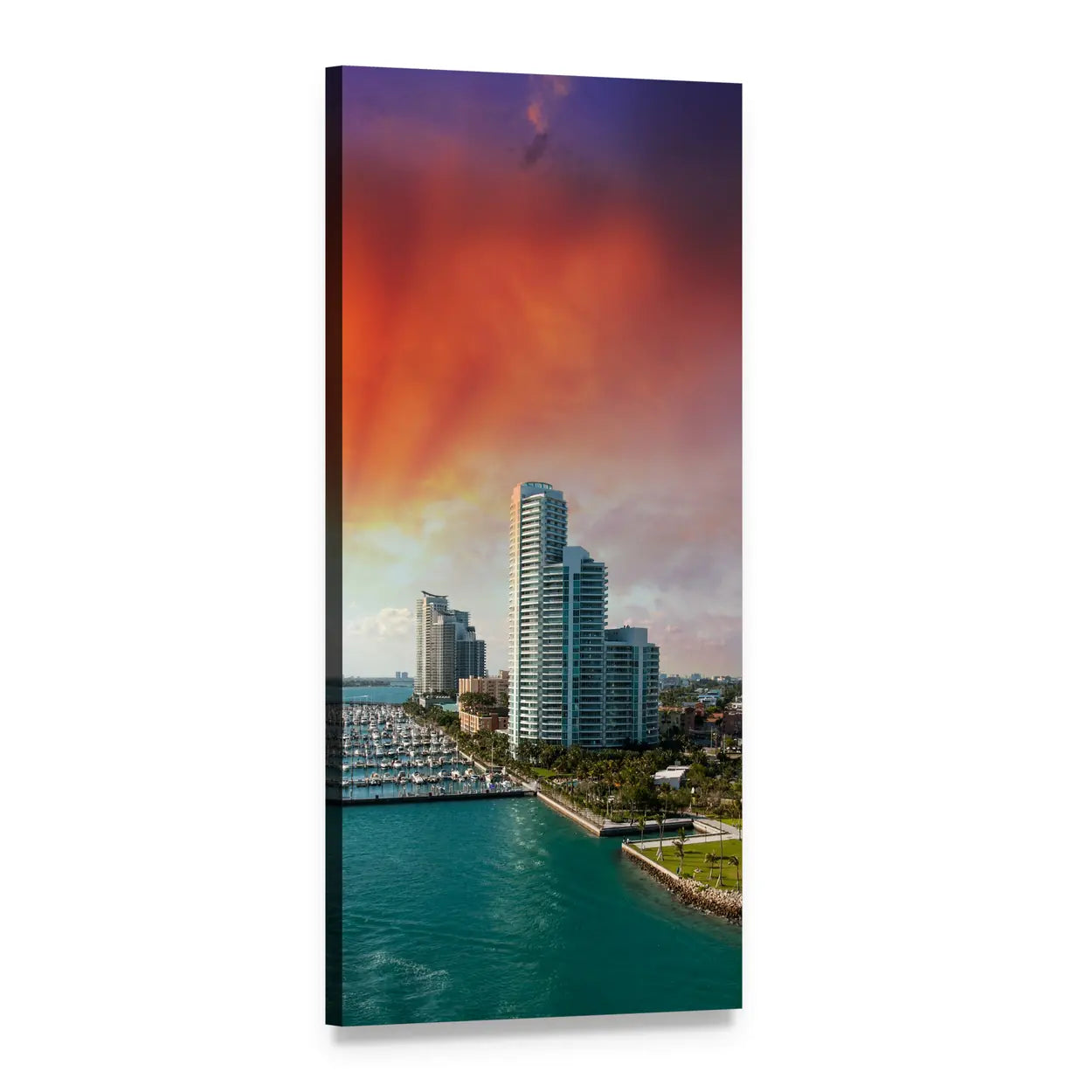 Miami Skyline Over Turquoise Bay Vertical Canvas Wall Art, 1 panel 1 Vertical layout gallery wrapped canvas set, angled product view
