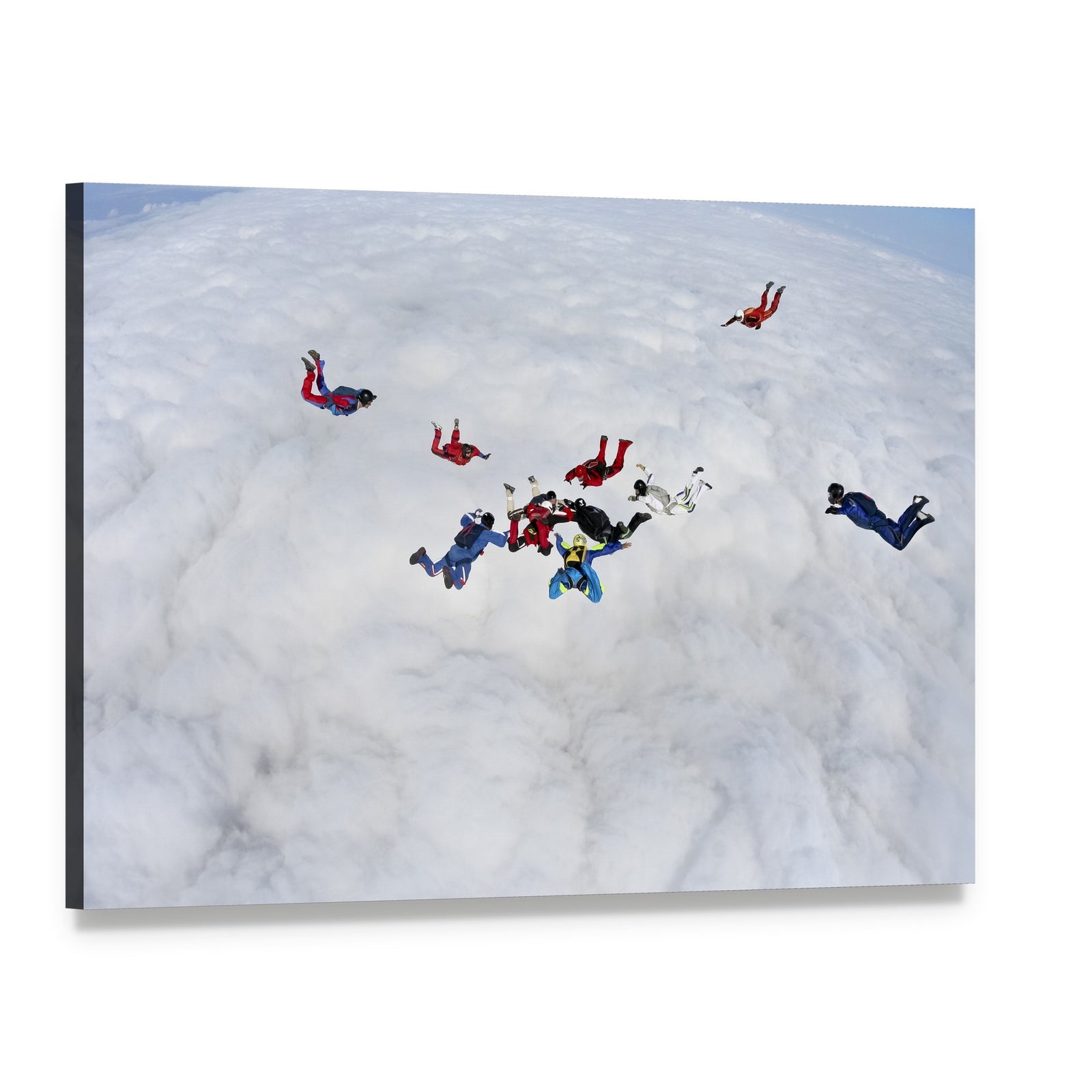 Skydivers in Formation Above Clouds Canvas Wall Art, single panel gallery wrapped canvas, angled product view