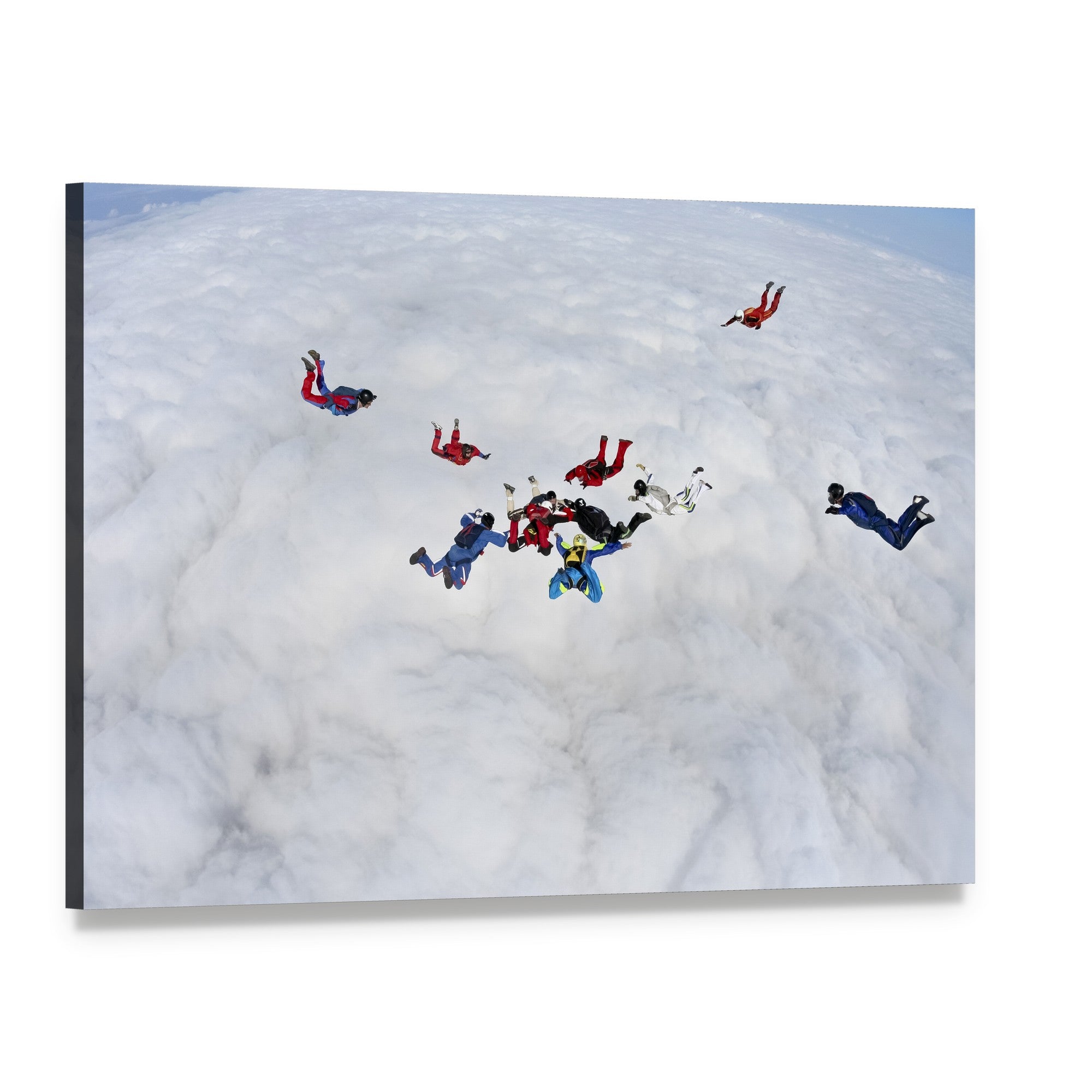 Skydivers in Formation Above Clouds Canvas Wall Art, single panel gallery wrapped canvas, angled product view