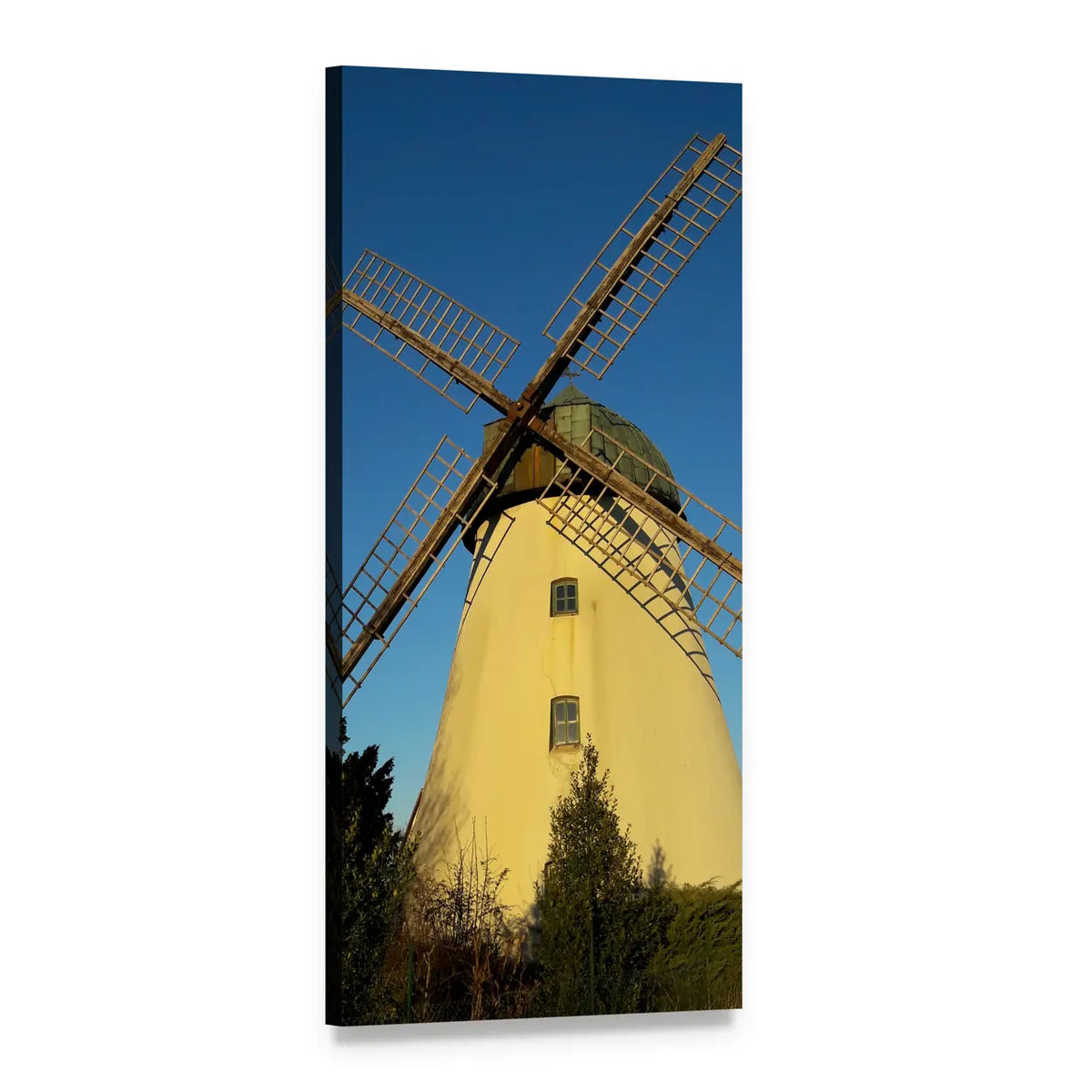 Sunlit Old Windmill with Wooden Lattice Sails Vertical Canvas Wall Art, 1 panel 1 Vertical layout gallery wrapped canvas set, angled product view