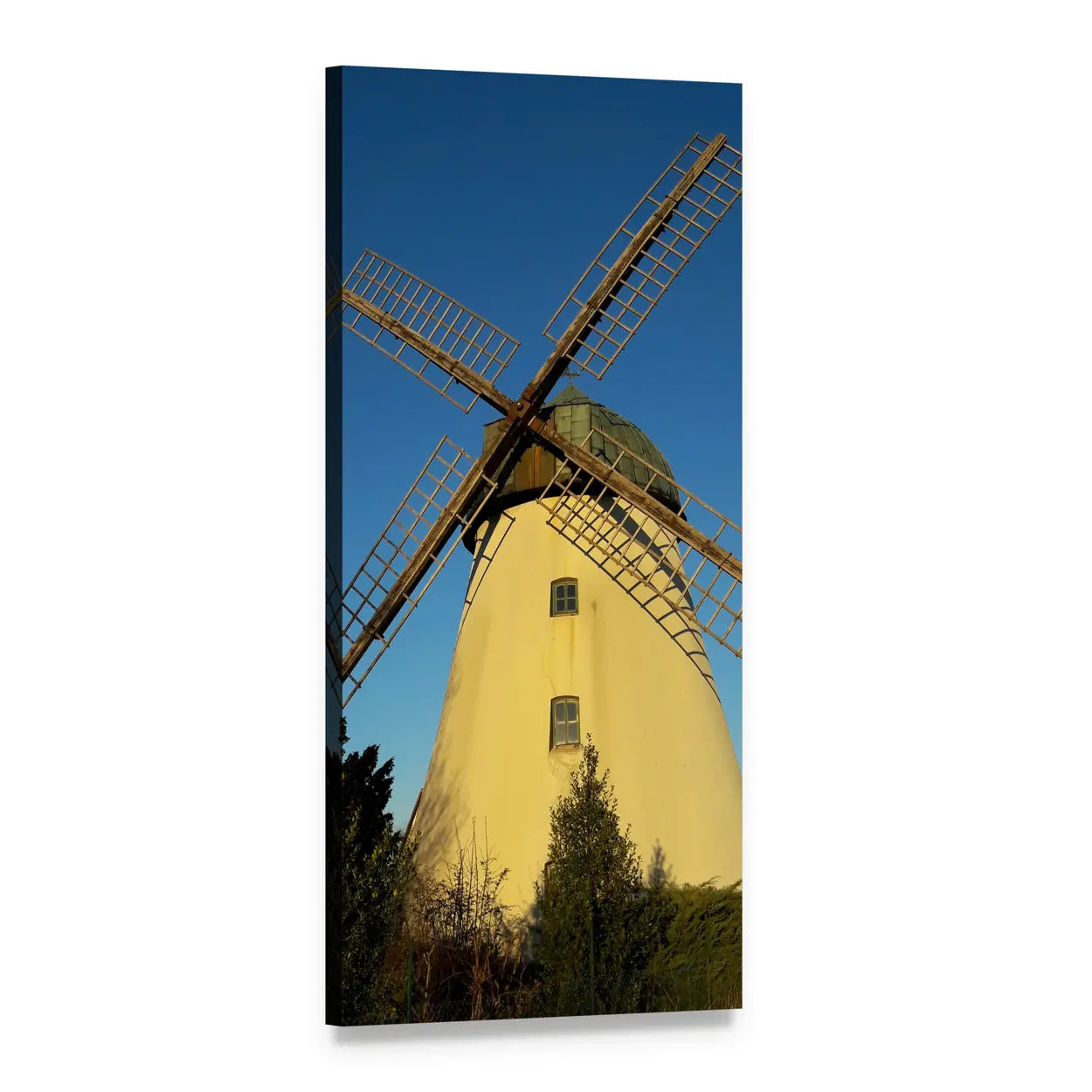Sunlit Old Windmill with Wooden Lattice Sails Vertical Canvas Wall Art, 1 panel 1 Vertical layout gallery wrapped canvas set, angled product view