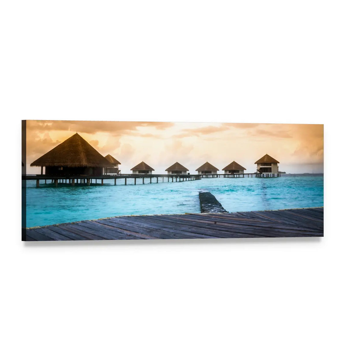 Overwater Bungalows with Wooden Pier Panoramic Canvas Wall Art, single panel gallery wrapped canvas, angled product view
