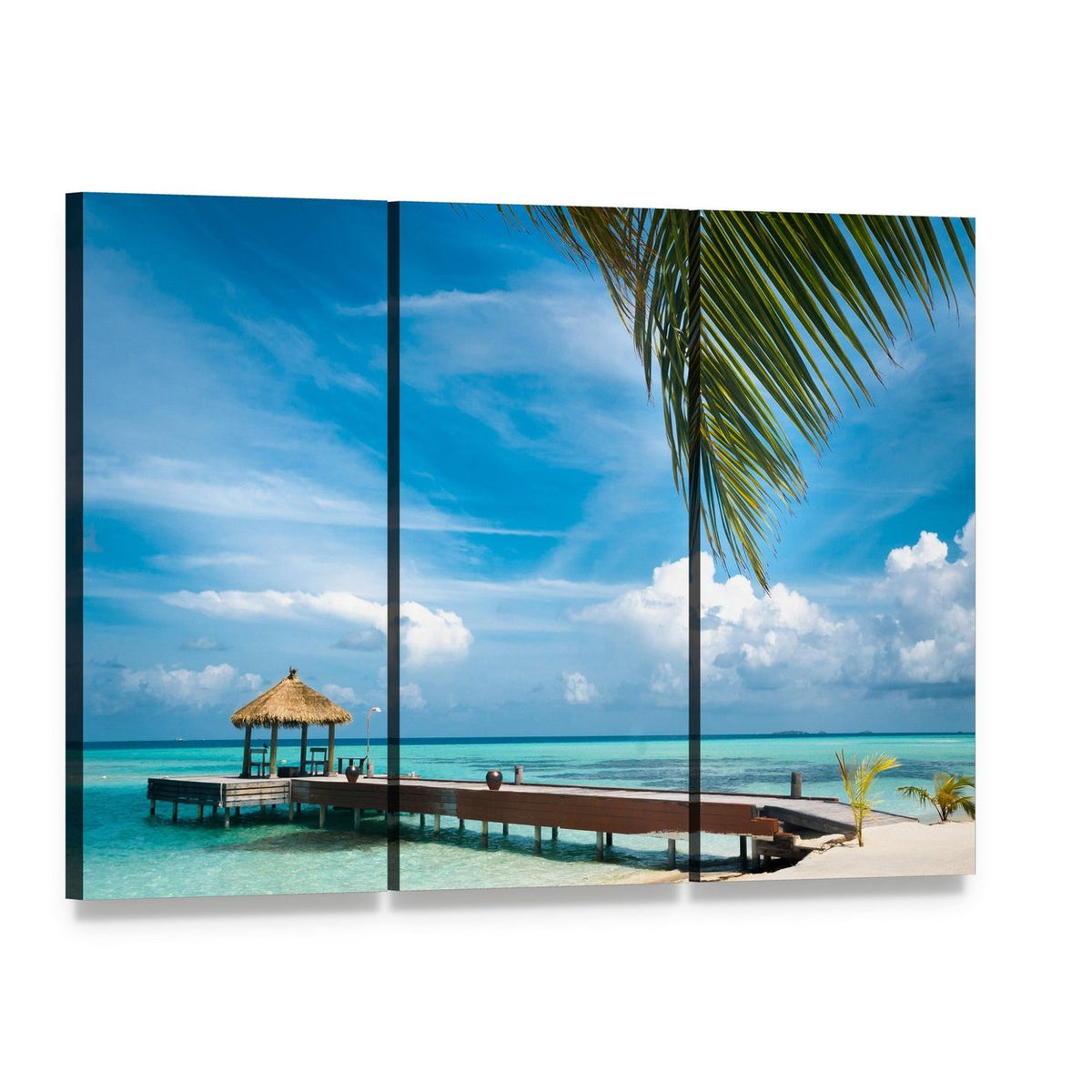 Tropical Jetty at Maldives Island Canvas Wall Art, 3 panel 3 Horizontal layout gallery wrapped canvas set, angled product view