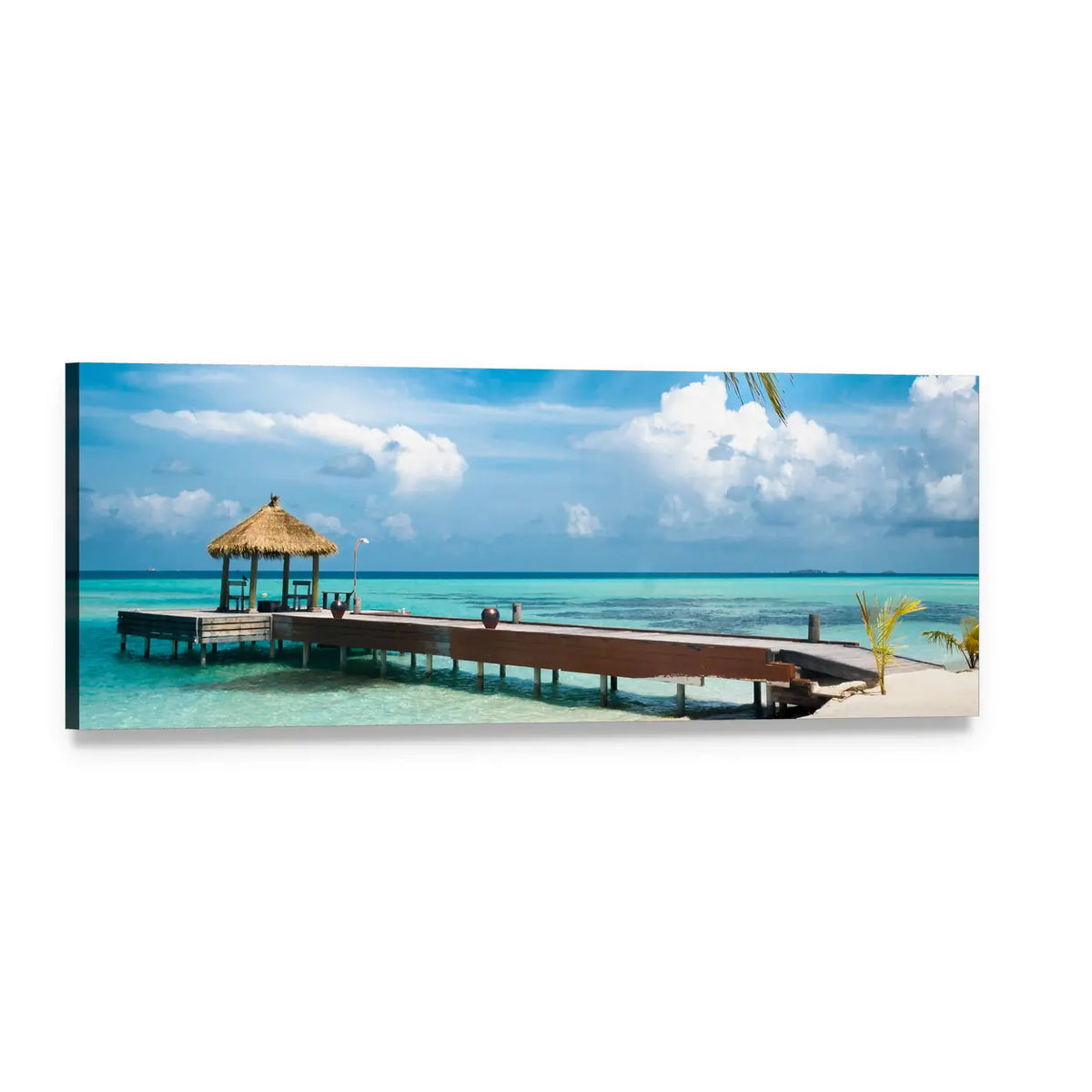 Maldives Jetty Over Turquoise Water Panoramic Canvas Wall Art, single panel gallery wrapped canvas, angled product view