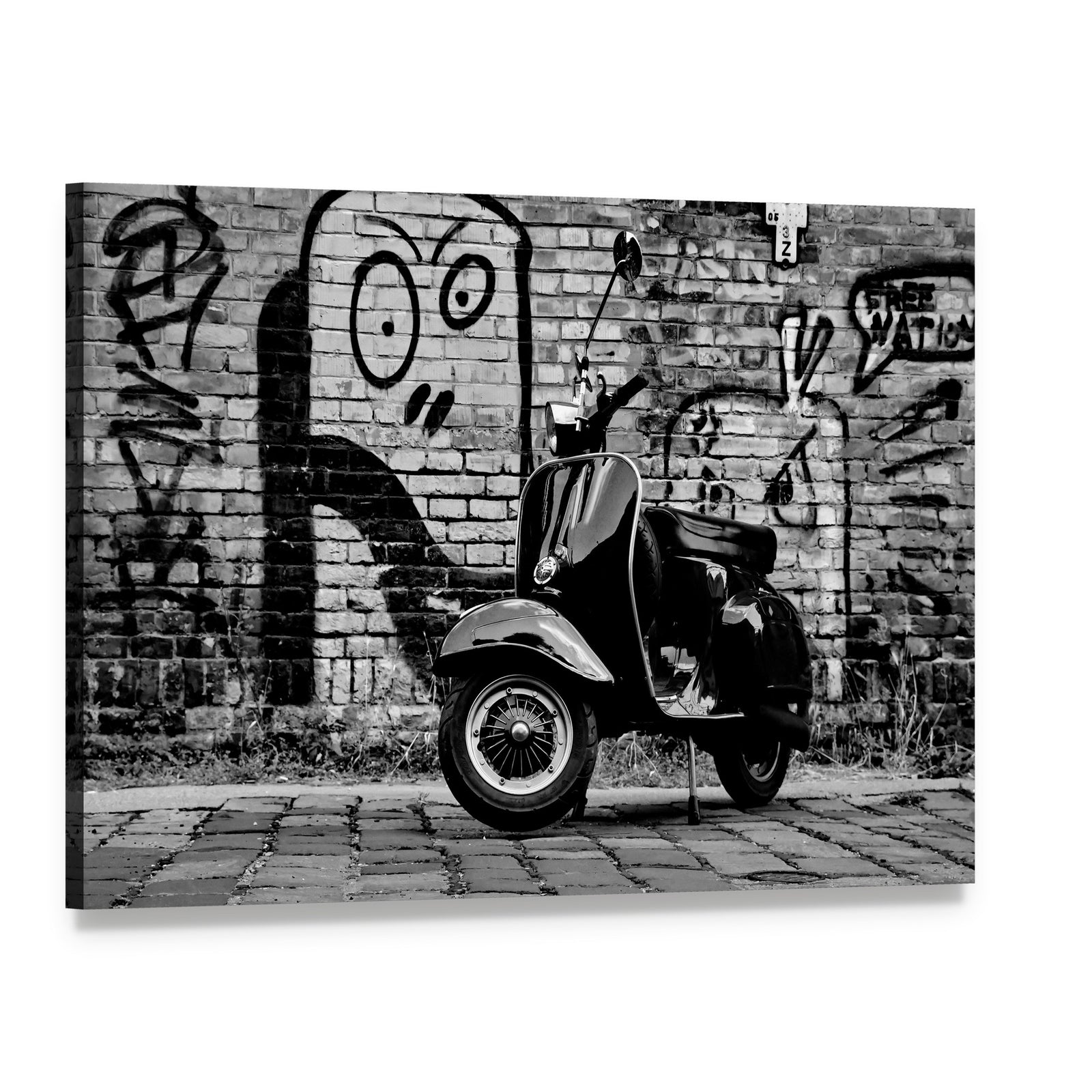 Scooter in Front of a Wall Canvas Wall Art, single panel gallery wrapped canvas, angled product view