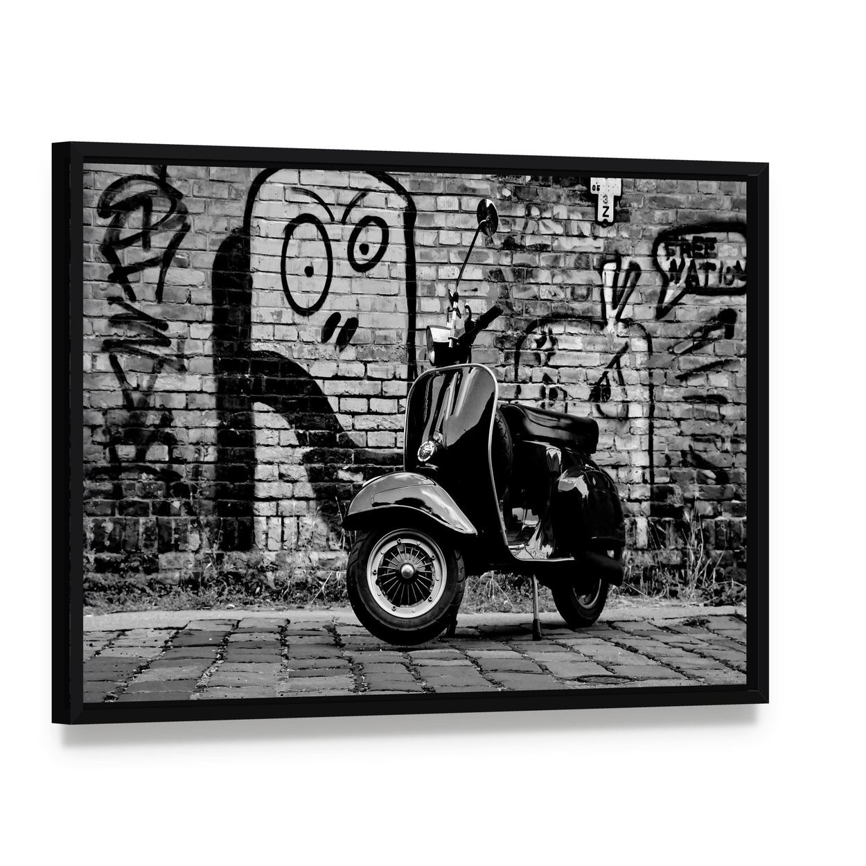 Scooter in Front of a Wall Canvas Wall Art, framed canvas in a black floater frame, angled product view