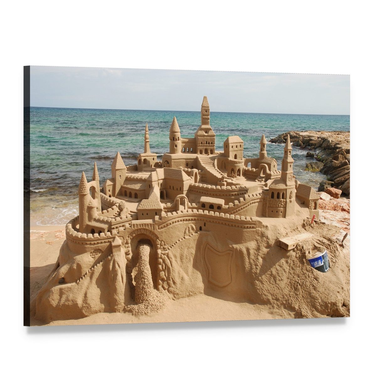 Sandcastle on Mediterranean Beach Canvas Wall Art, single panel gallery wrapped canvas, angled product view