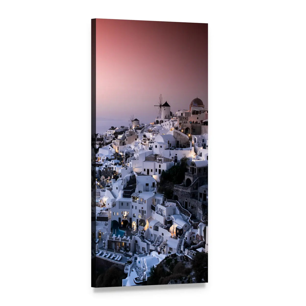 Oia Santorini at Dusk Vertical Canvas Wall Art, 1 panel 1 Vertical layout gallery wrapped canvas set, angled product view