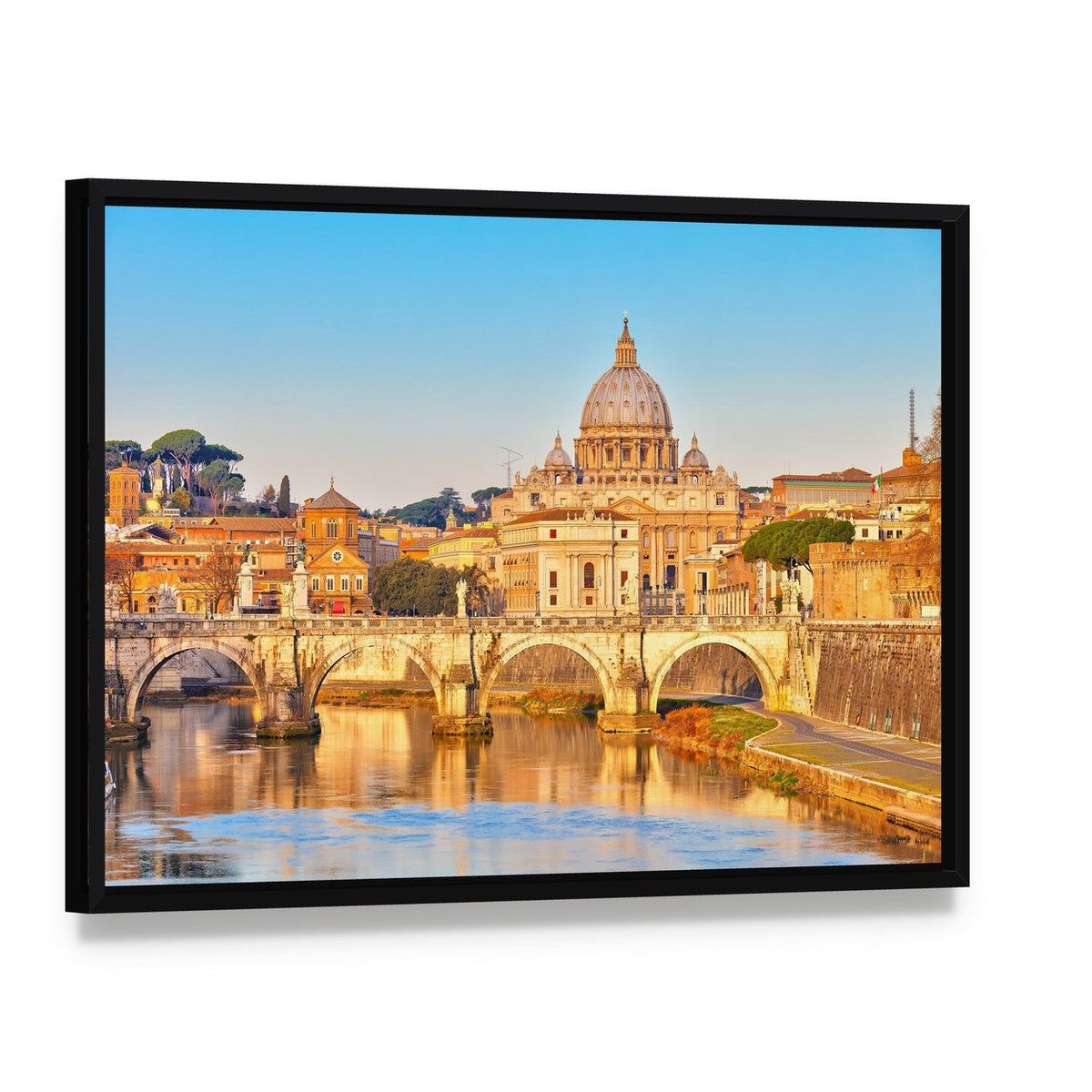 View at Tiber and St Peter Vatican Rome Italy Canvas Wall Art, framed canvas in a black floater frame, angled product view