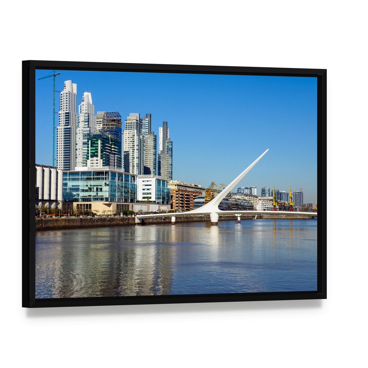 Puerto Madero Cityscape with Suspension Bridge Canvas Wall Art, framed canvas in a black floater frame, angled product view