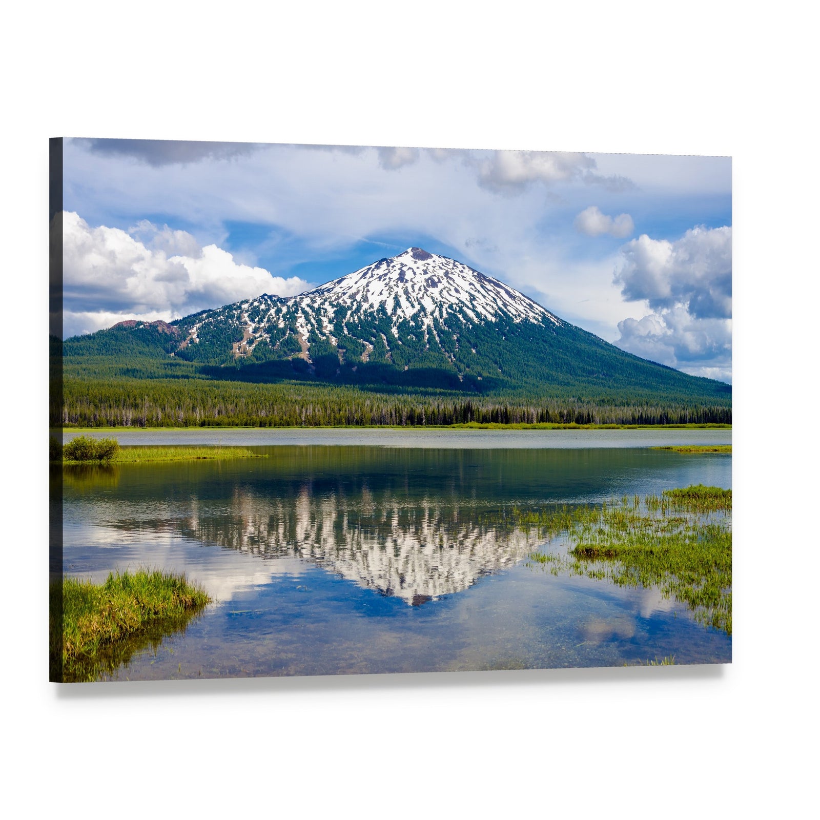 Mount Bachelor Reflected in Lake Canvas Wall Art, single panel gallery wrapped canvas, angled product view