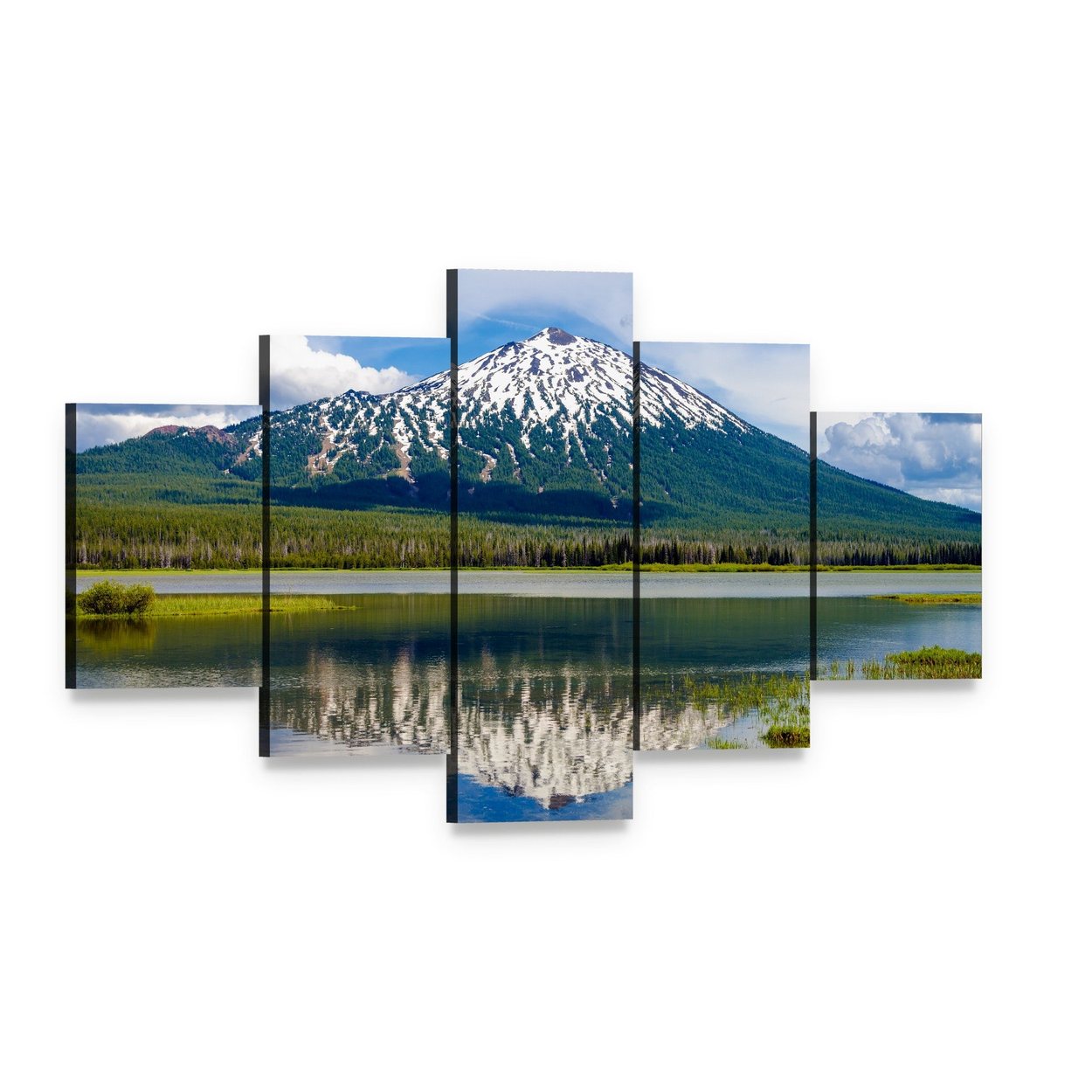 Mount Bachelor Reflected in Lake Canvas Wall Art, 5 panel 5 Star layout gallery wrapped canvas set, angled product view