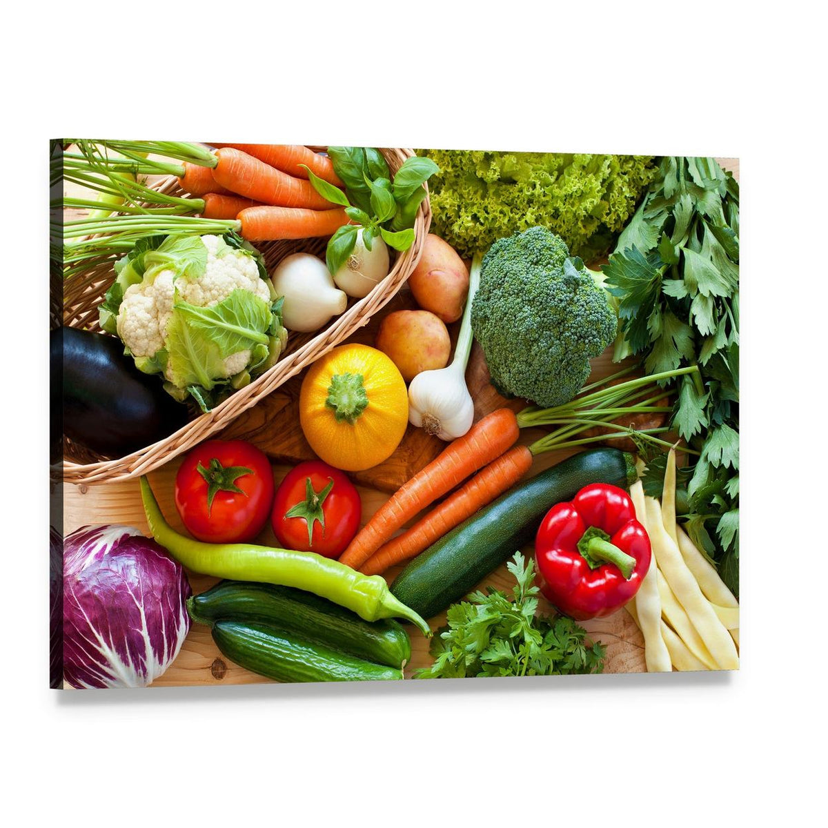 Raw Vegetables Canvas Wall Art, single panel gallery wrapped canvas, angled product view