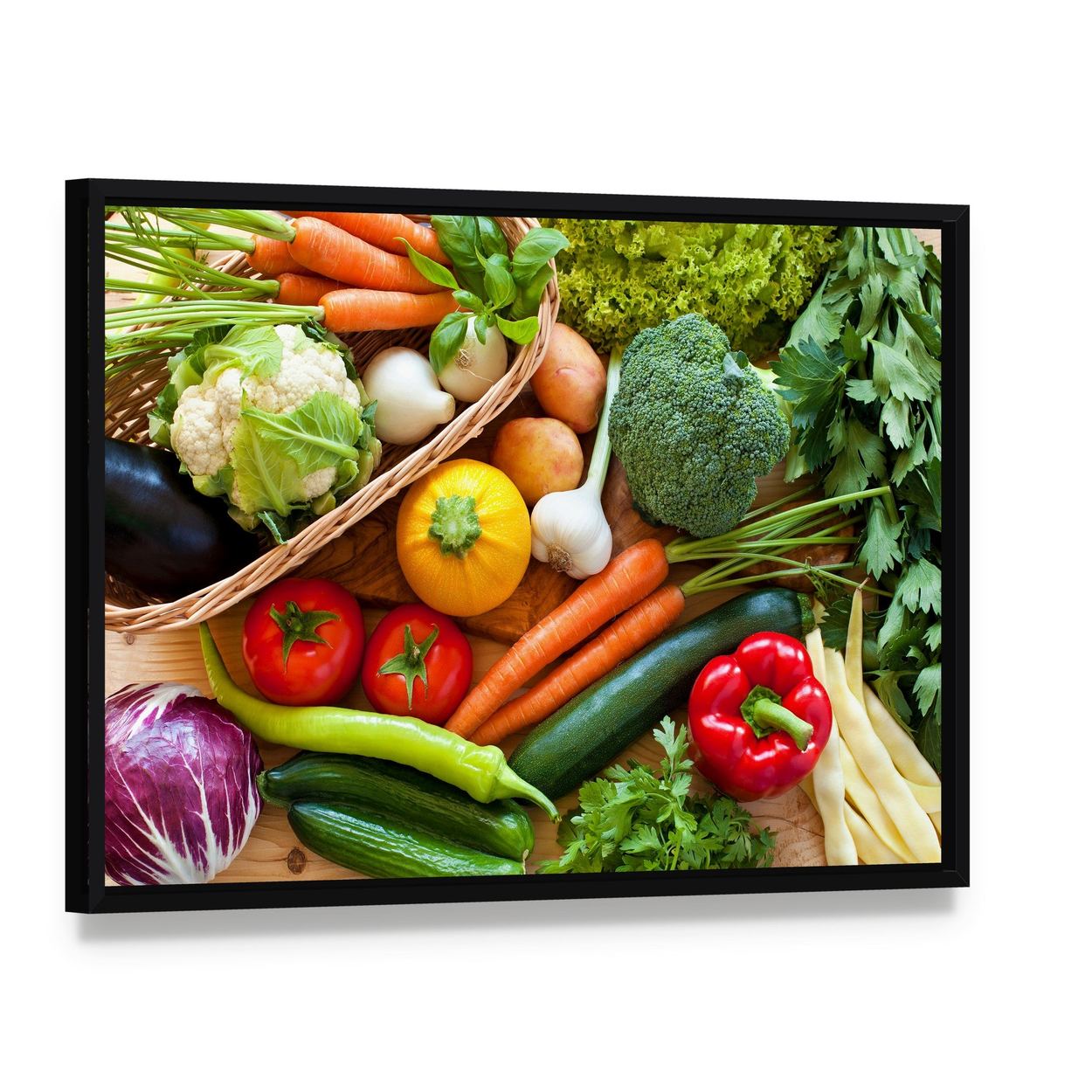Raw Vegetables Canvas Wall Art, framed canvas in a black floater frame, angled product view