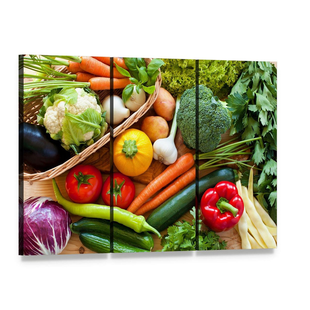 Raw Vegetables Canvas Wall Art, 3 panel 3 Horizontal layout gallery wrapped canvas set, angled product view
