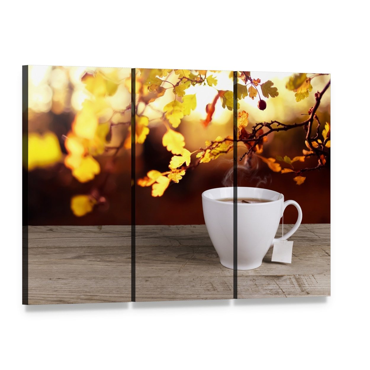 Cup of Tea Canvas Wall Art, 3 panel 3 Horizontal layout gallery wrapped canvas set, angled product view