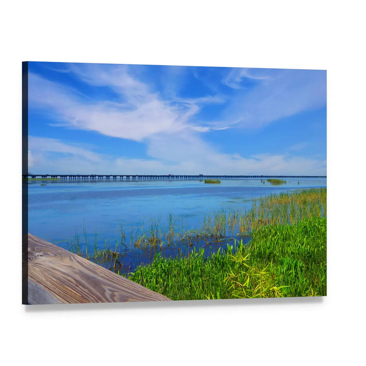 Meaher State Park Causeway Bridge Over Mobile Bay Canvas Wall Art, single panel gallery wrapped canvas, angled product view